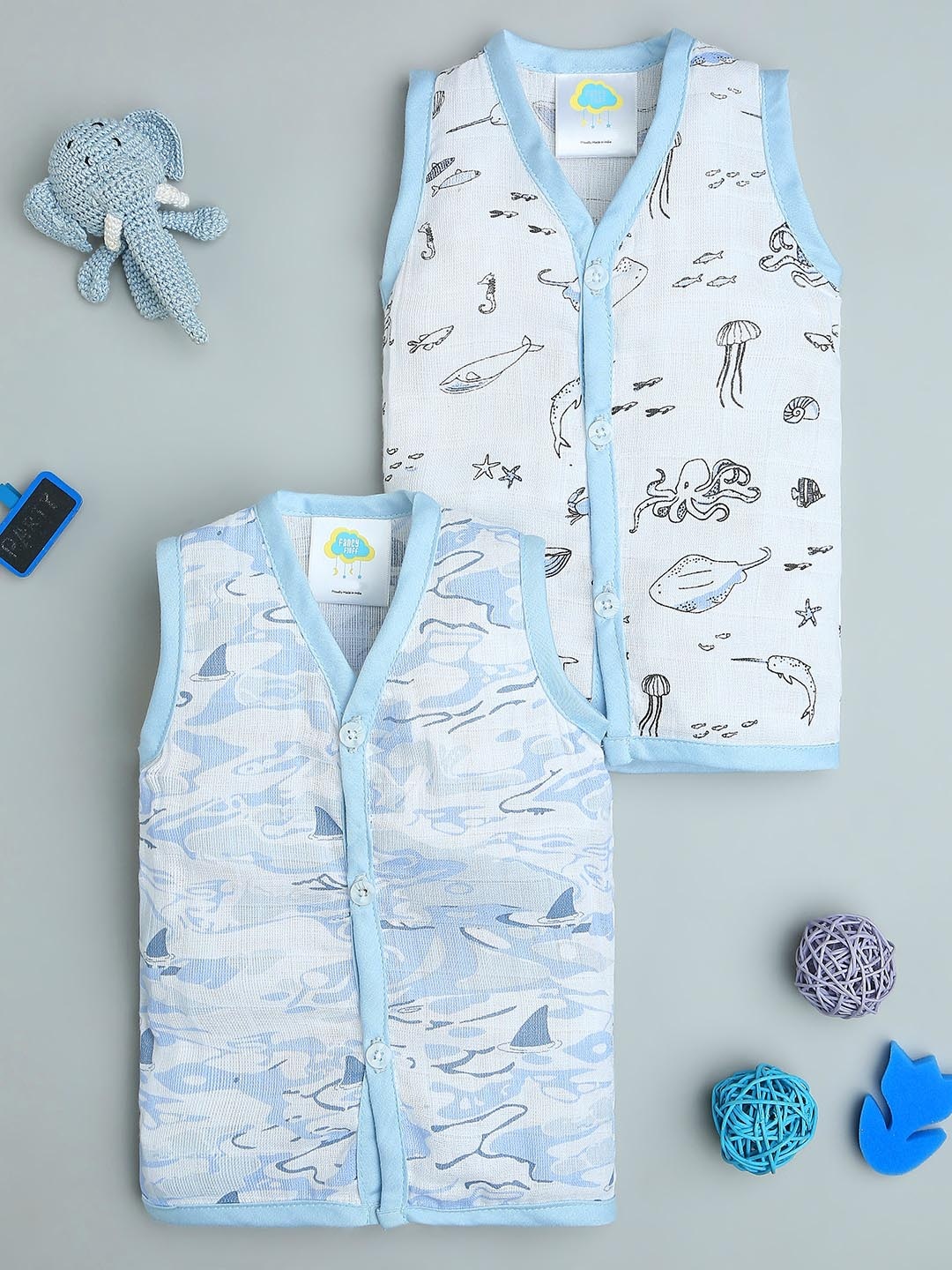 

Fancy Fluff Infants Boys Pack Of 2 Printed Bamboo Muslin Jhablas, Blue
