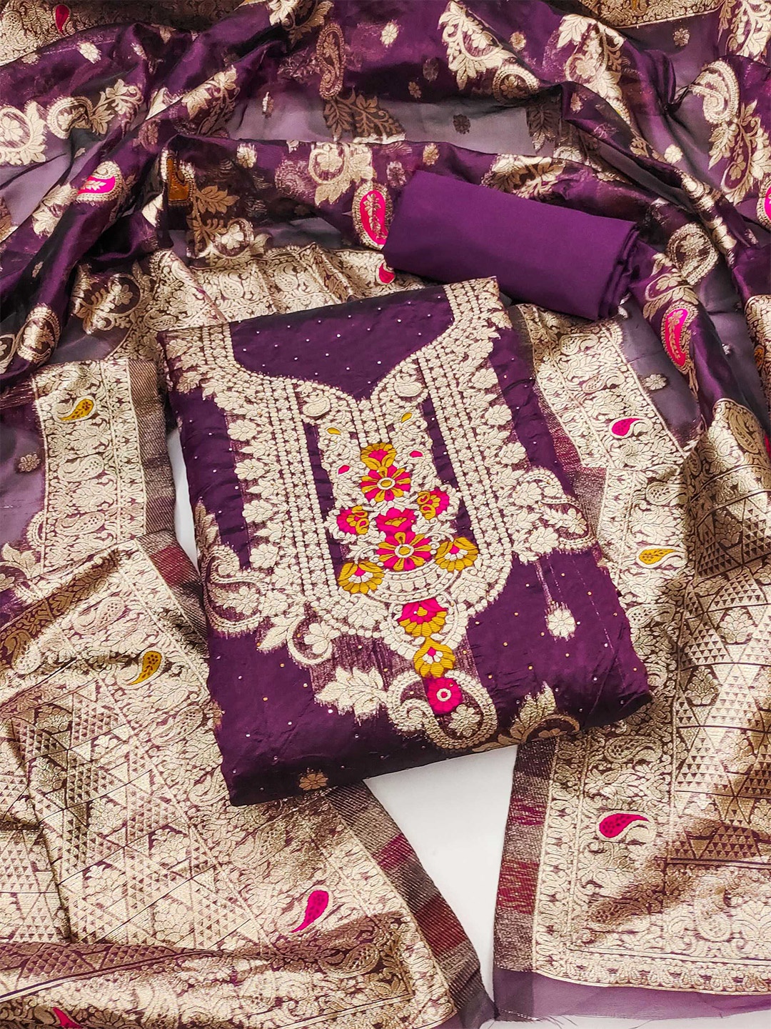 

KALINI Ethnic Motifs Organza Unstitched Dress Material, Purple