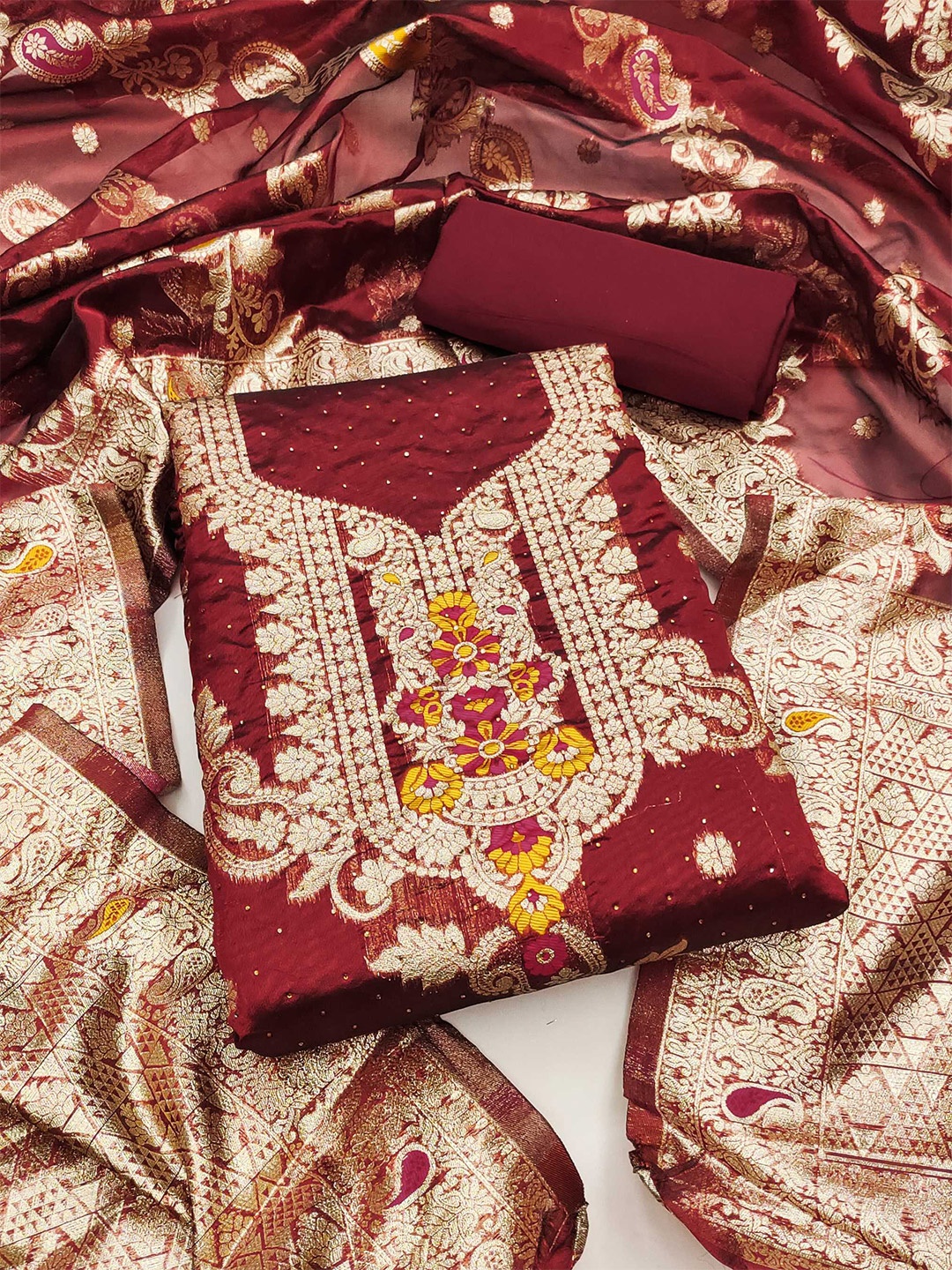 

KALINI Ethnic Motifs Woven Design Organza Jacquard Unstitched Dress Material, Maroon