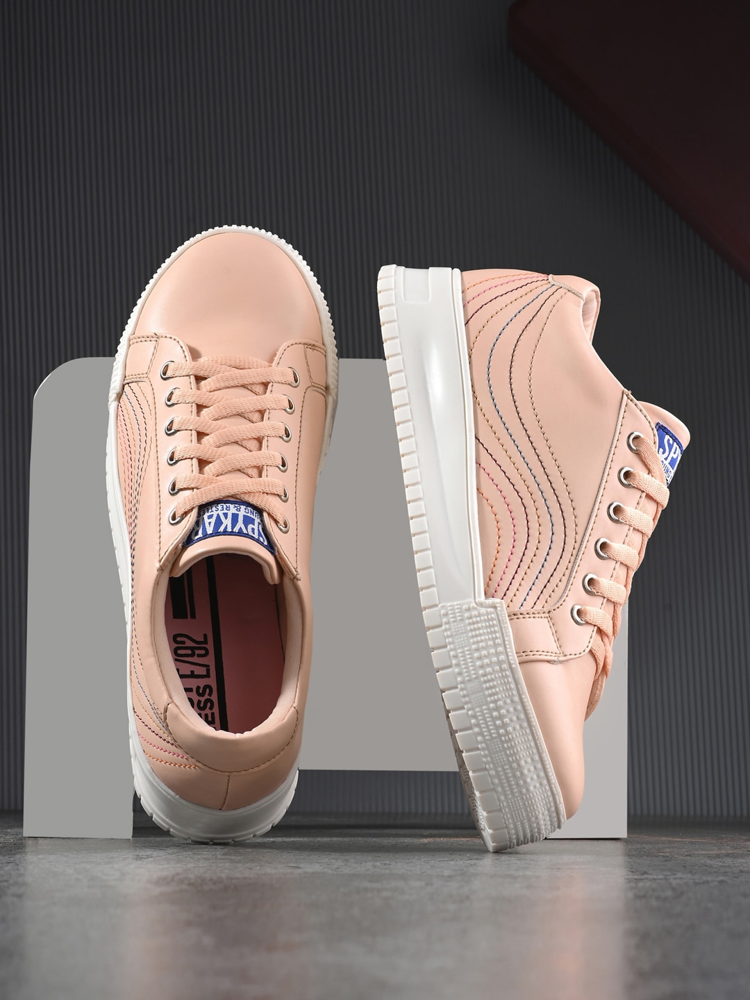 

SPYKAR Women Textured Comfort Insole Contrast Sole Lace-Ups Sneakers, Peach