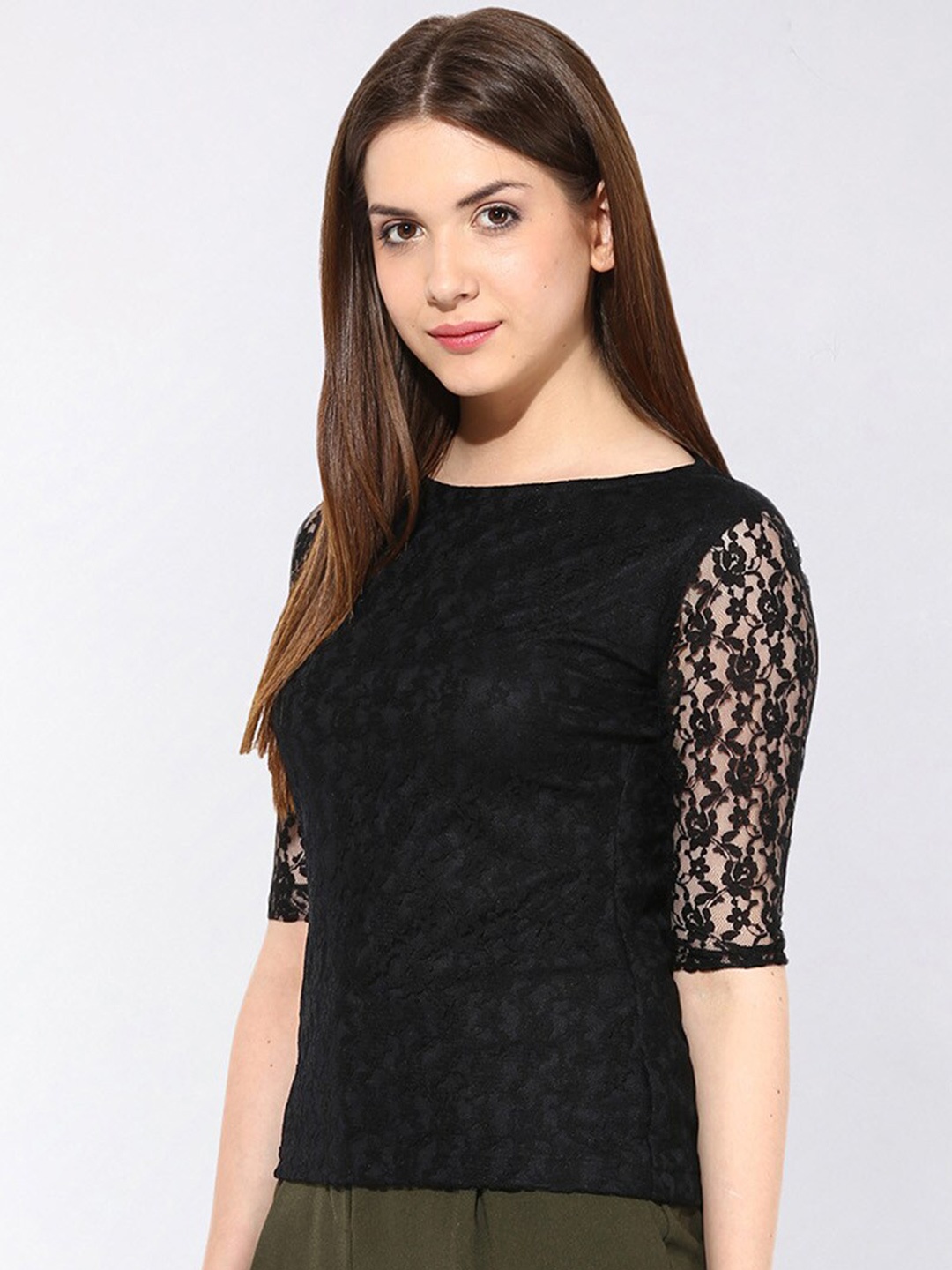 

all about you Self Design Lace Top, Black