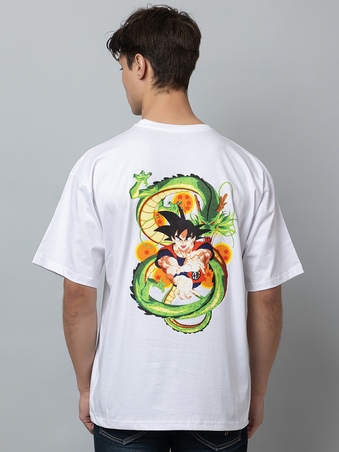 

ZEFFIT Dragon Ball Z Printed Drop Shoulder Sleeves Cotton Oversized Casual T-shirt, White