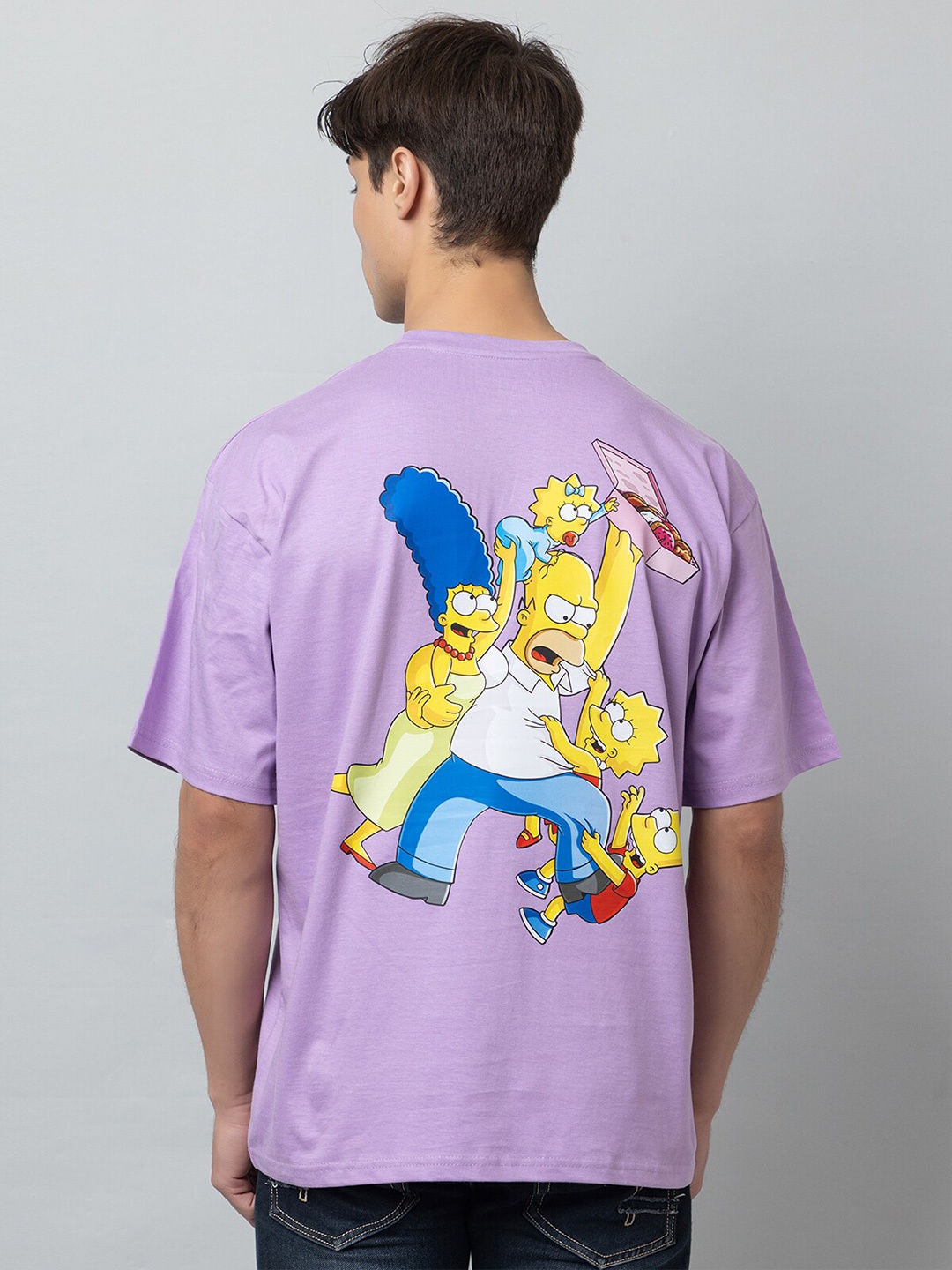 

ZEFFIT Homer Simpson Printed Drop Shoulder Sleeves Cotton Oversized Casual T-shirt, Lavender