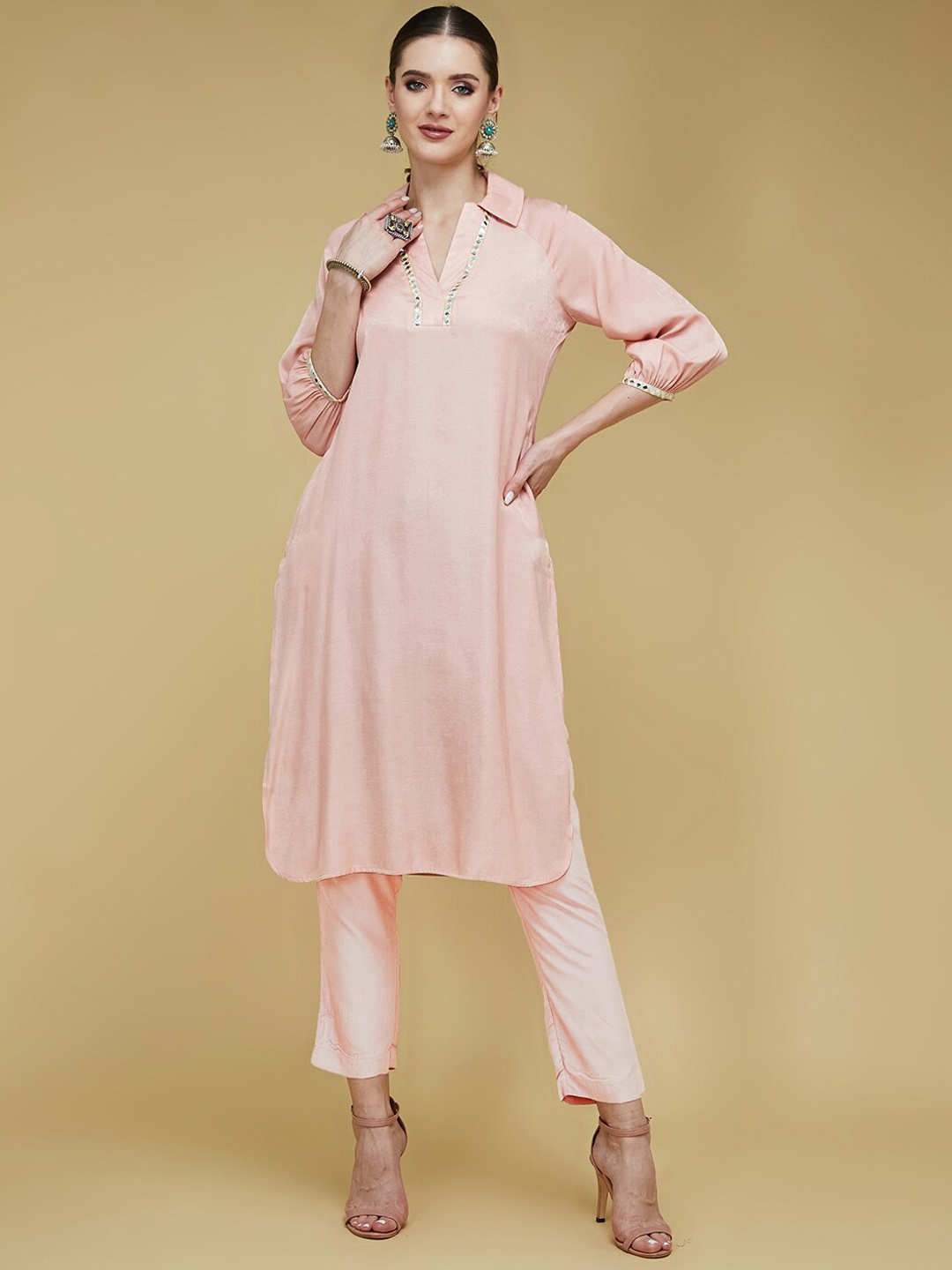 

all about you Yoke Design Shirt Collar Gotta Patti A-Line Kurta, Peach