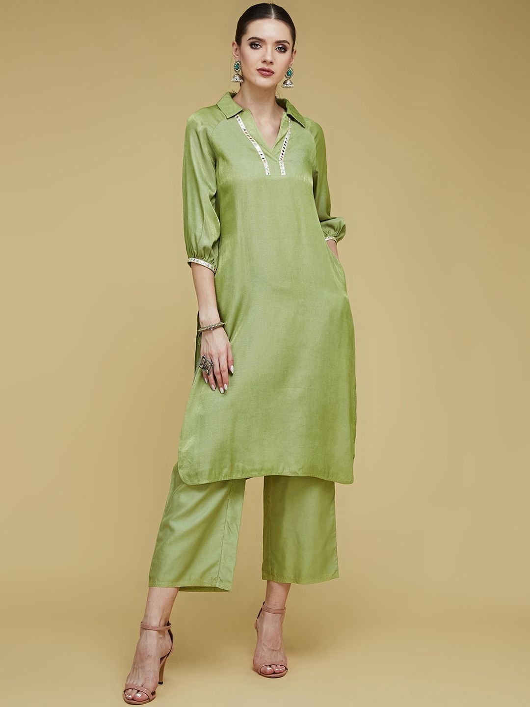

all about you Shirt Collar Raglan Sleeve Pathani Kurta, Green