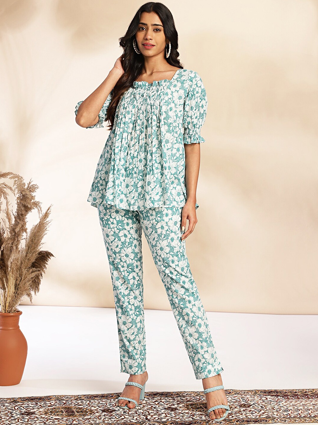 

Janasya Printed Pure Cotton Top & Trouser Co-Ords, Green