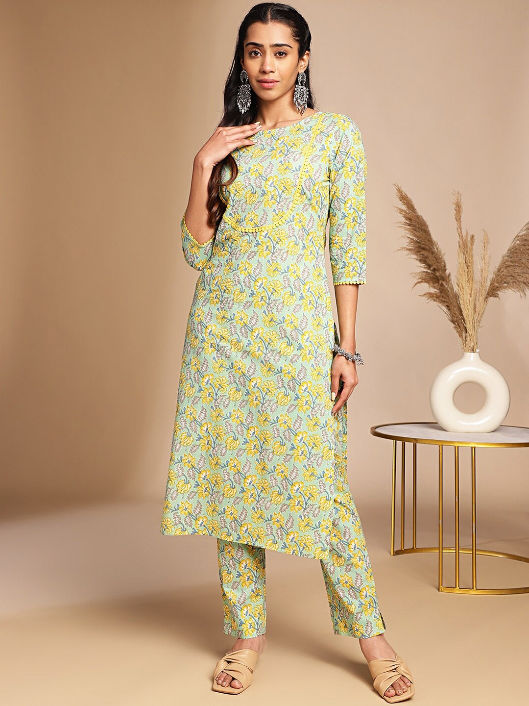 Janasya Women Floral Cotton Co-ord Set, Green