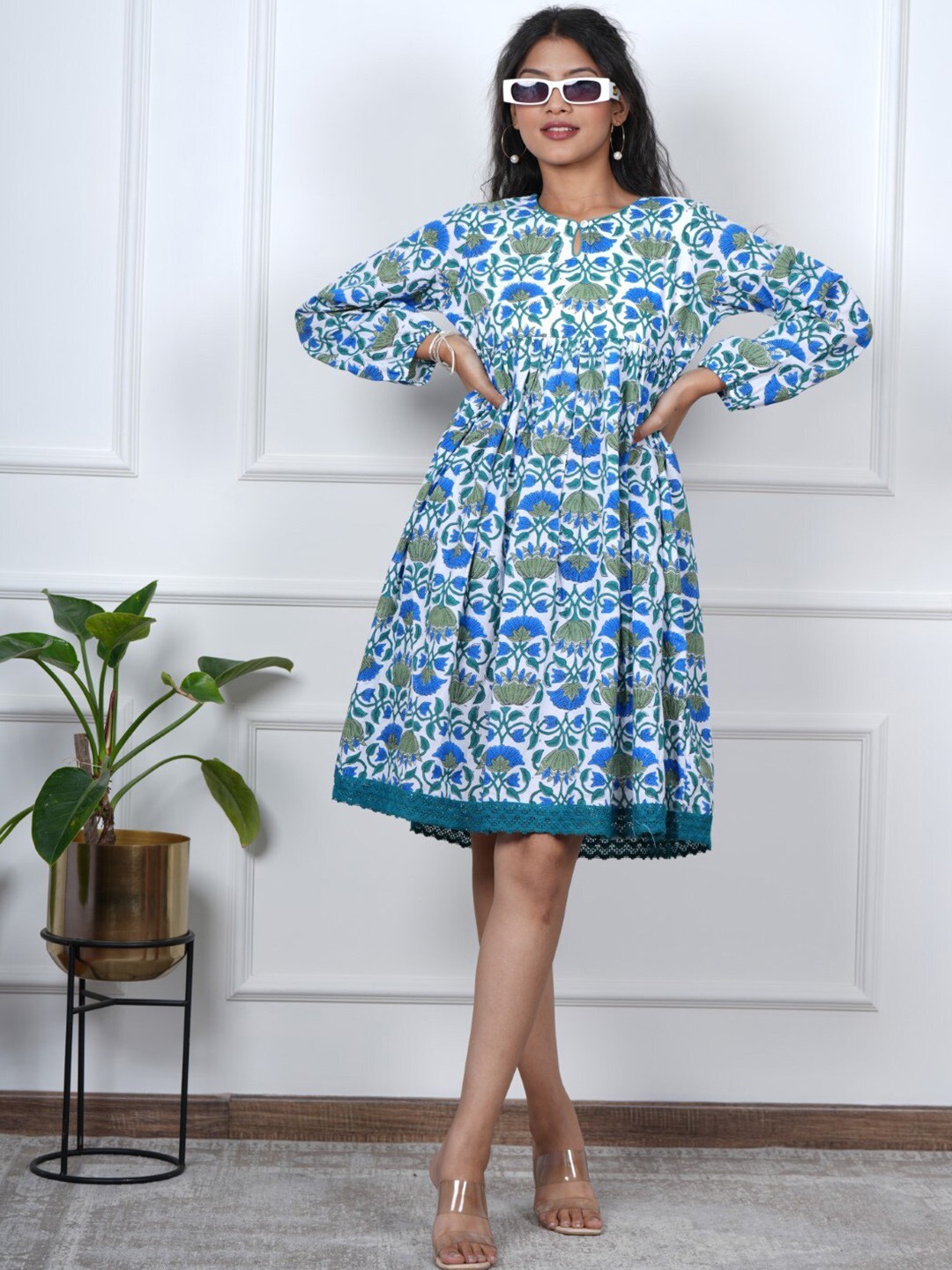 

SootiSyahi Floral Printed Puff Sleeve Cotton Fit & Flare Dress, Olive