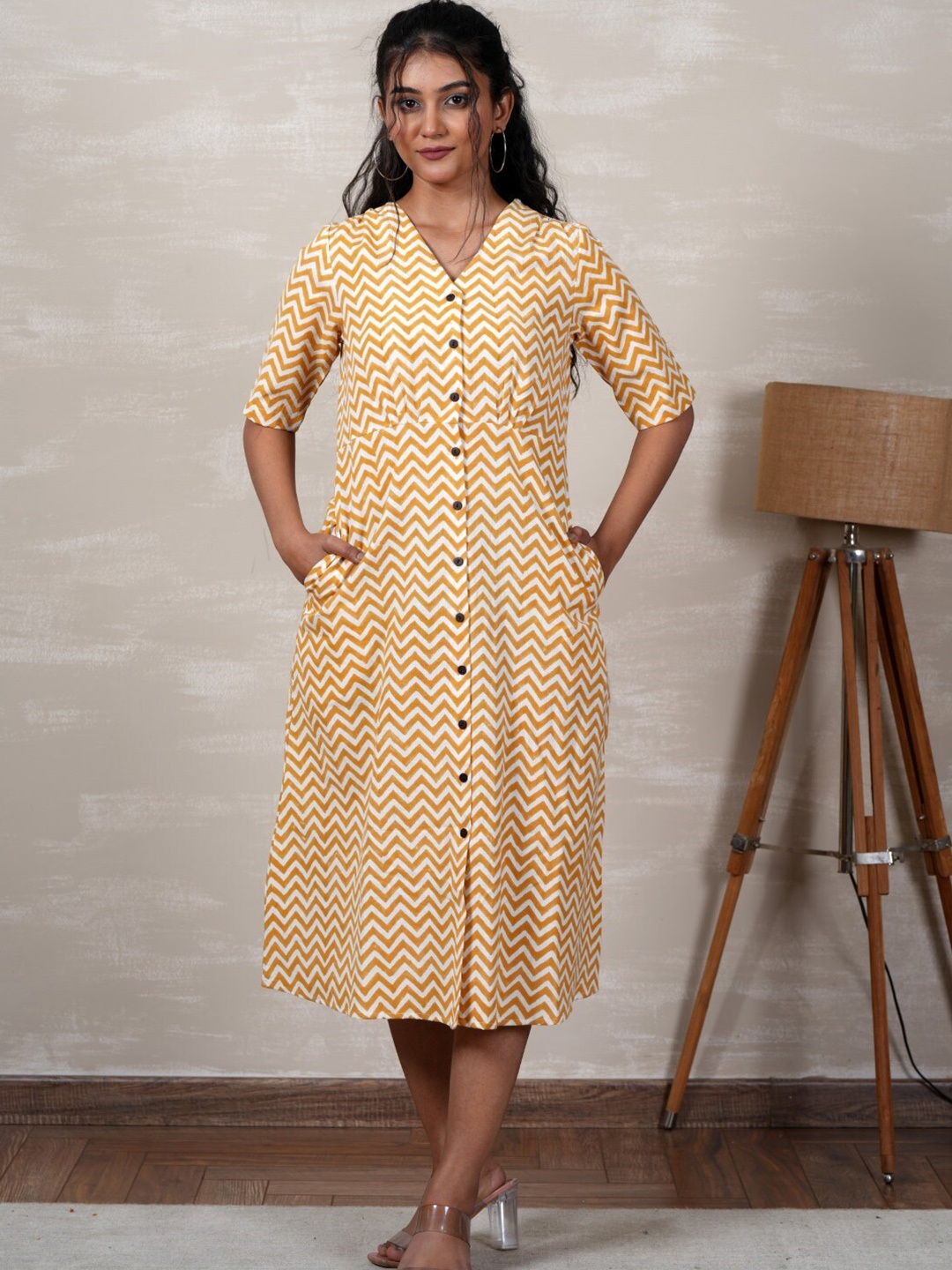 

SootiSyahi V-Neck Cotton Geometric Print A-Line Midi Dress, Yellow