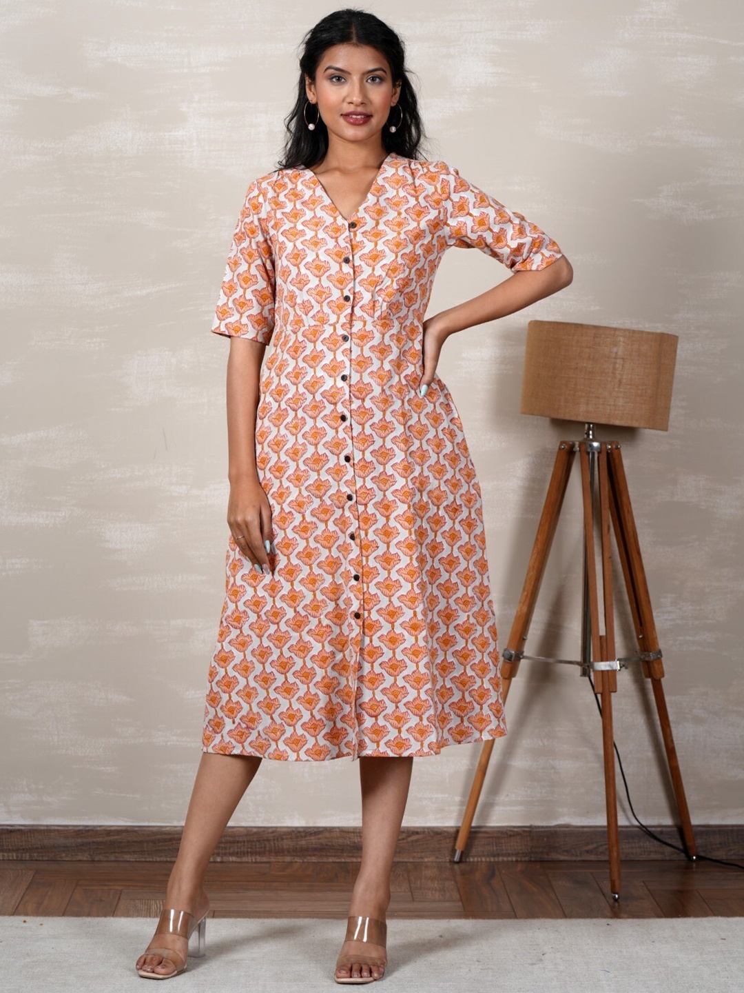 

SootiSyahi Floral Printed Cotton A-Line Midi Dress, Orange