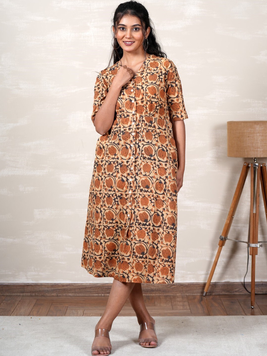 

SootiSyahi Floral Printed Midi Dress, Rust