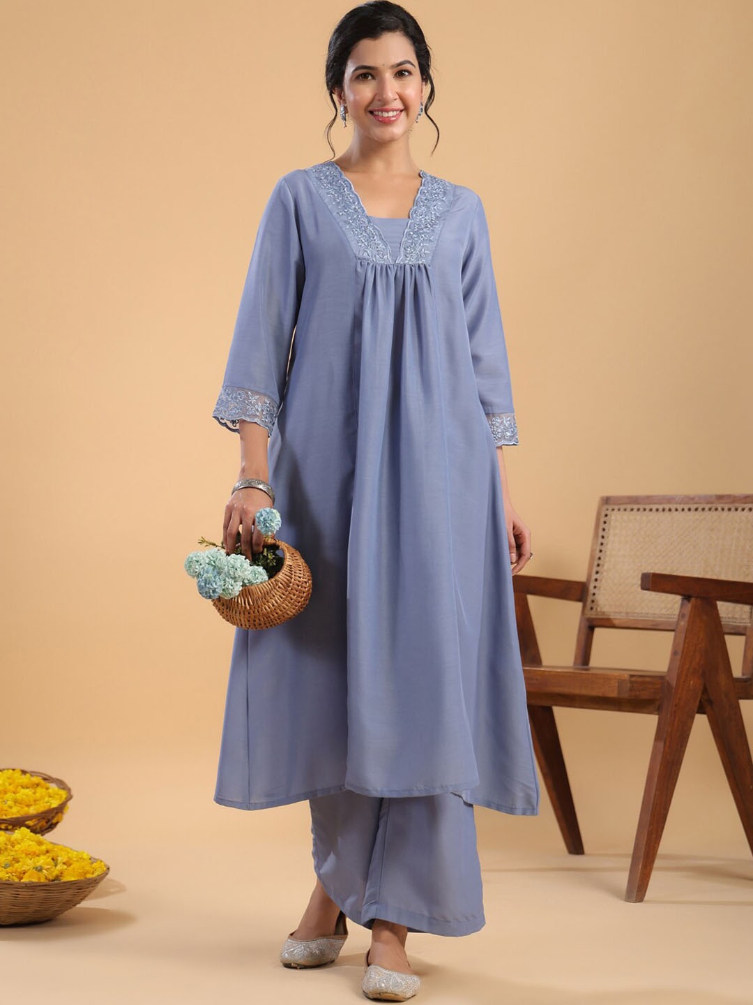 

Janasya V-Neck Ethnic Motifs Regular Thread Work A-Line Kurta with Palazzos, Blue