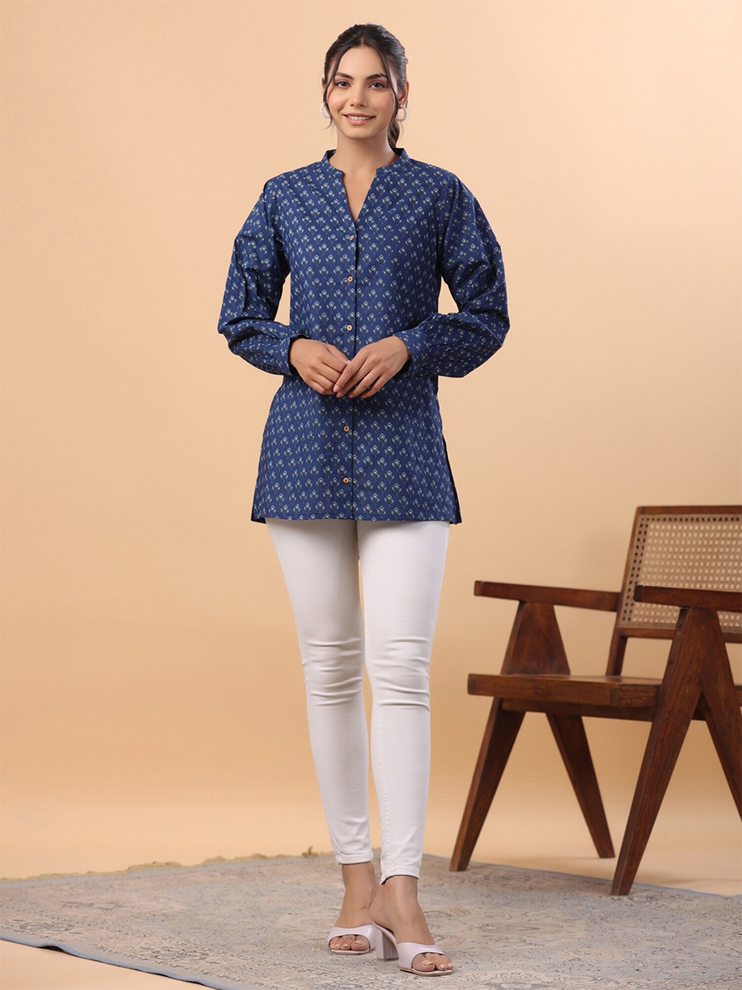 

Janasya Floral Printed V-Neck Cotton A-Line Tunic, Navy blue