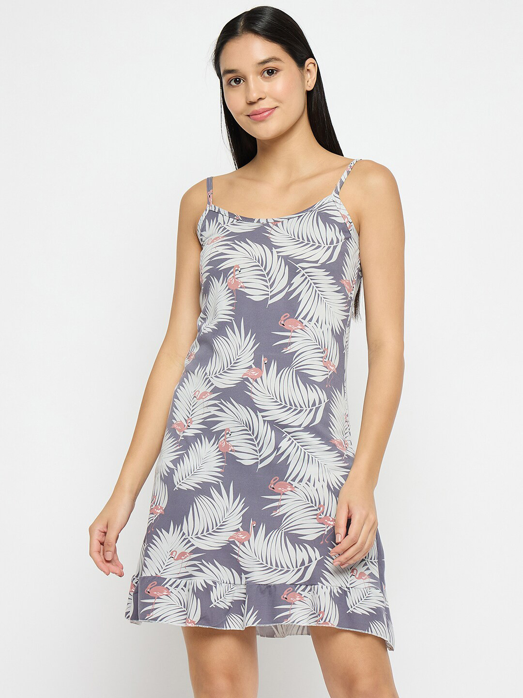 

Camey Floral Printed Shoulder Straps Nightdress, Grey