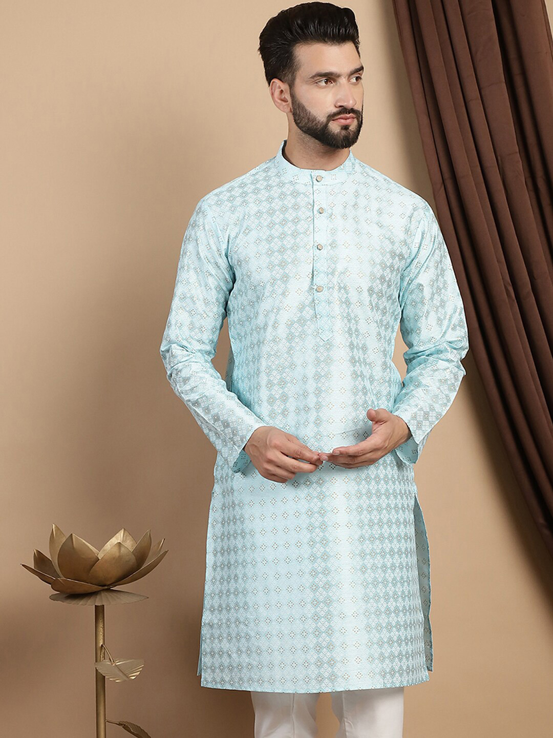 

Anouk Turquoise Blue Ethnic Motifs Woven Design Mandarin Collar Kurta