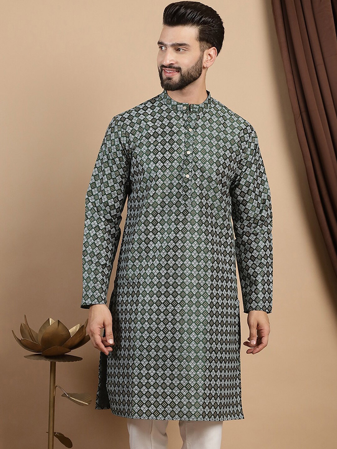 

Anouk Green Ethnic Motifs Printed Mandarin Collar Straight Kurta