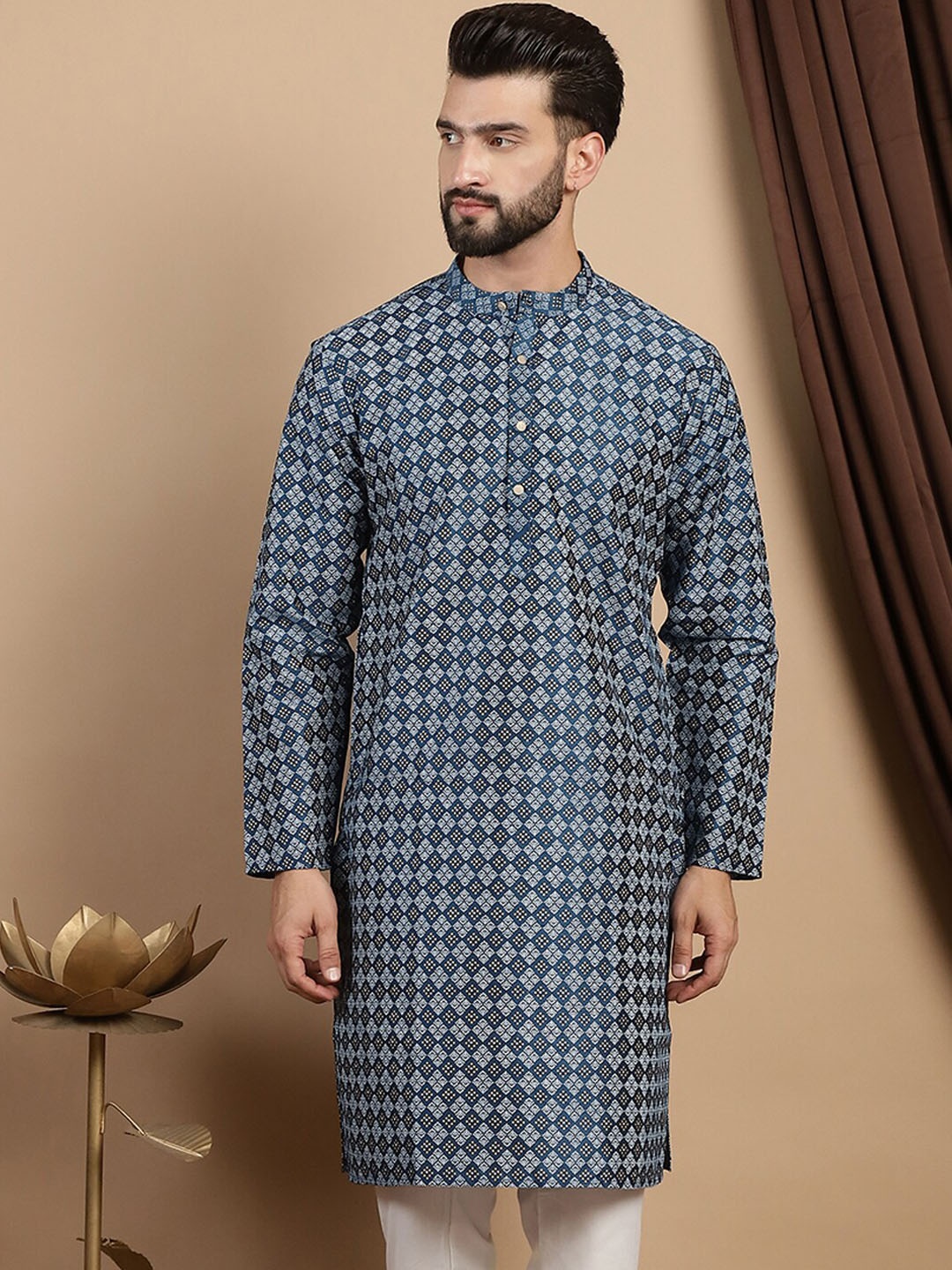 

Anouk Teal Blue Geometric Printed Mandarin Collar Kurta