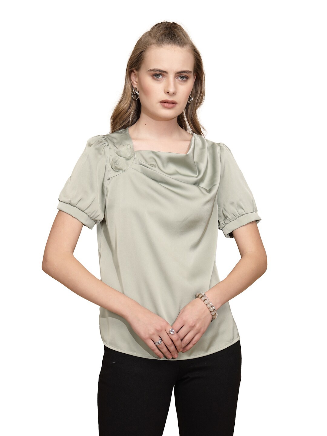 

Global Republic Cowl Neck Puff Sleeve Top, Green