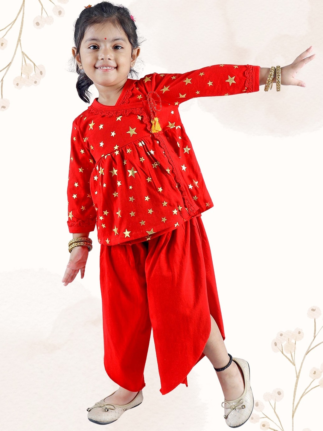 

JUNITOS Girls Geometric Printed Angrakha Pure Cotton Kurti With Dhoti, Red