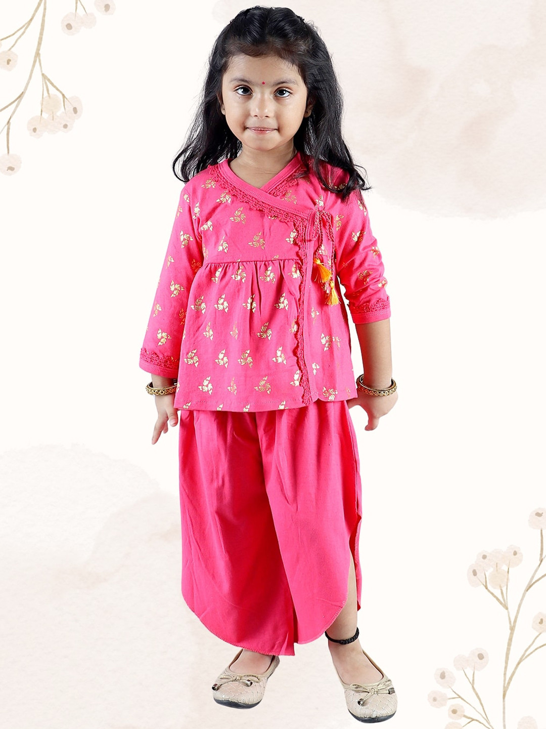 

JUNITOS Girls Ethnic Motifs Printed Pure Cotton Kurti With Dhoti, Pink