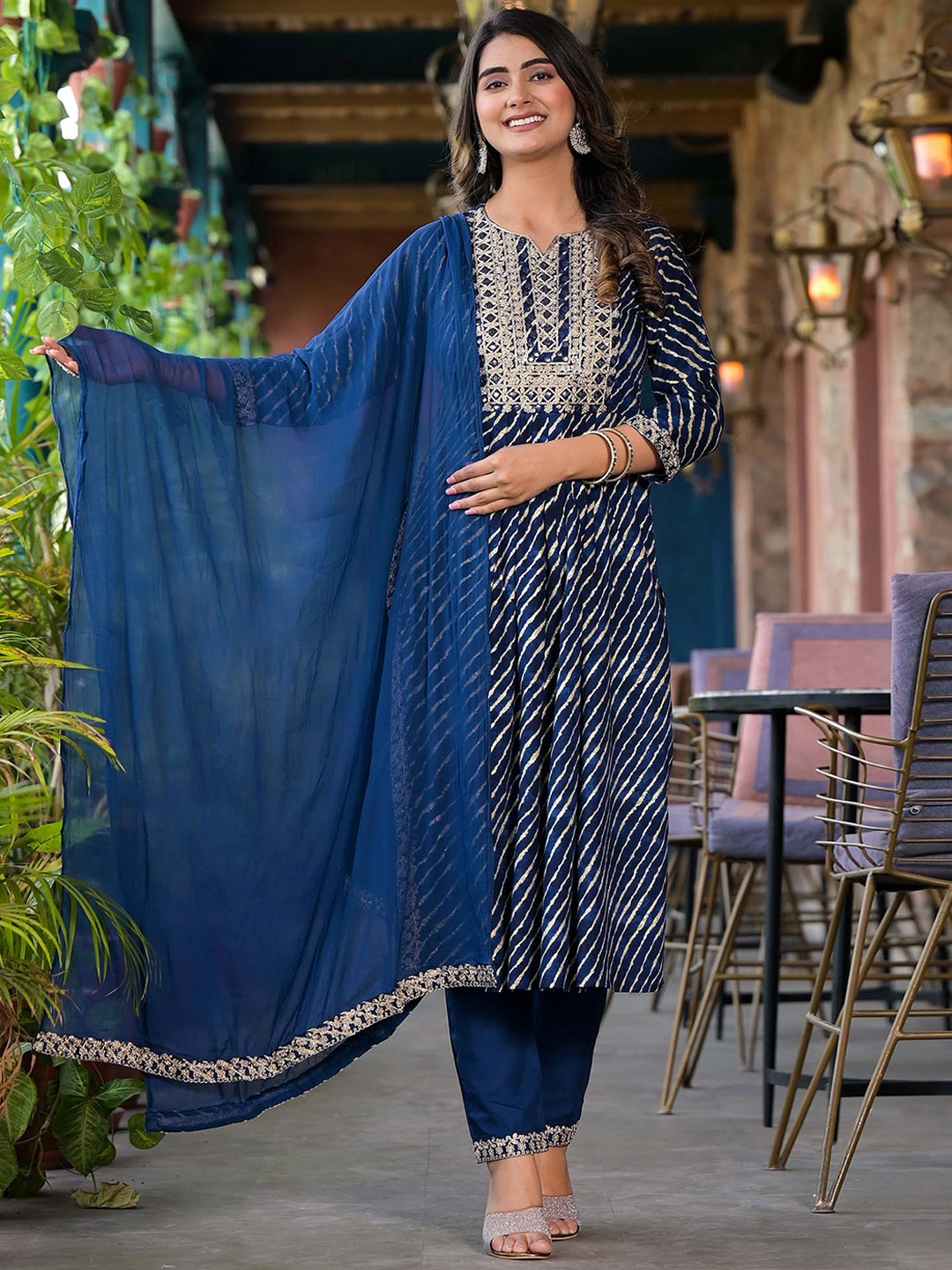 

Peachmode Ethnic Motifs Printed Empire Mirror Work Kurta with Trousers & Dupatta, Navy blue