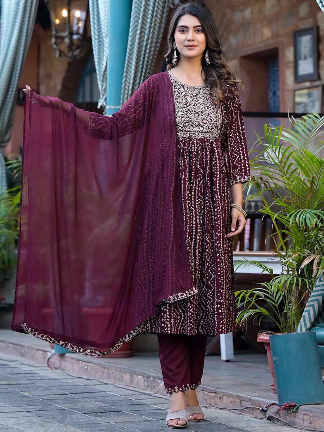 

Peachmode Ethnic Motifs Printed Empire Mirror Work Kurta with Trousers & Dupatta, Purple