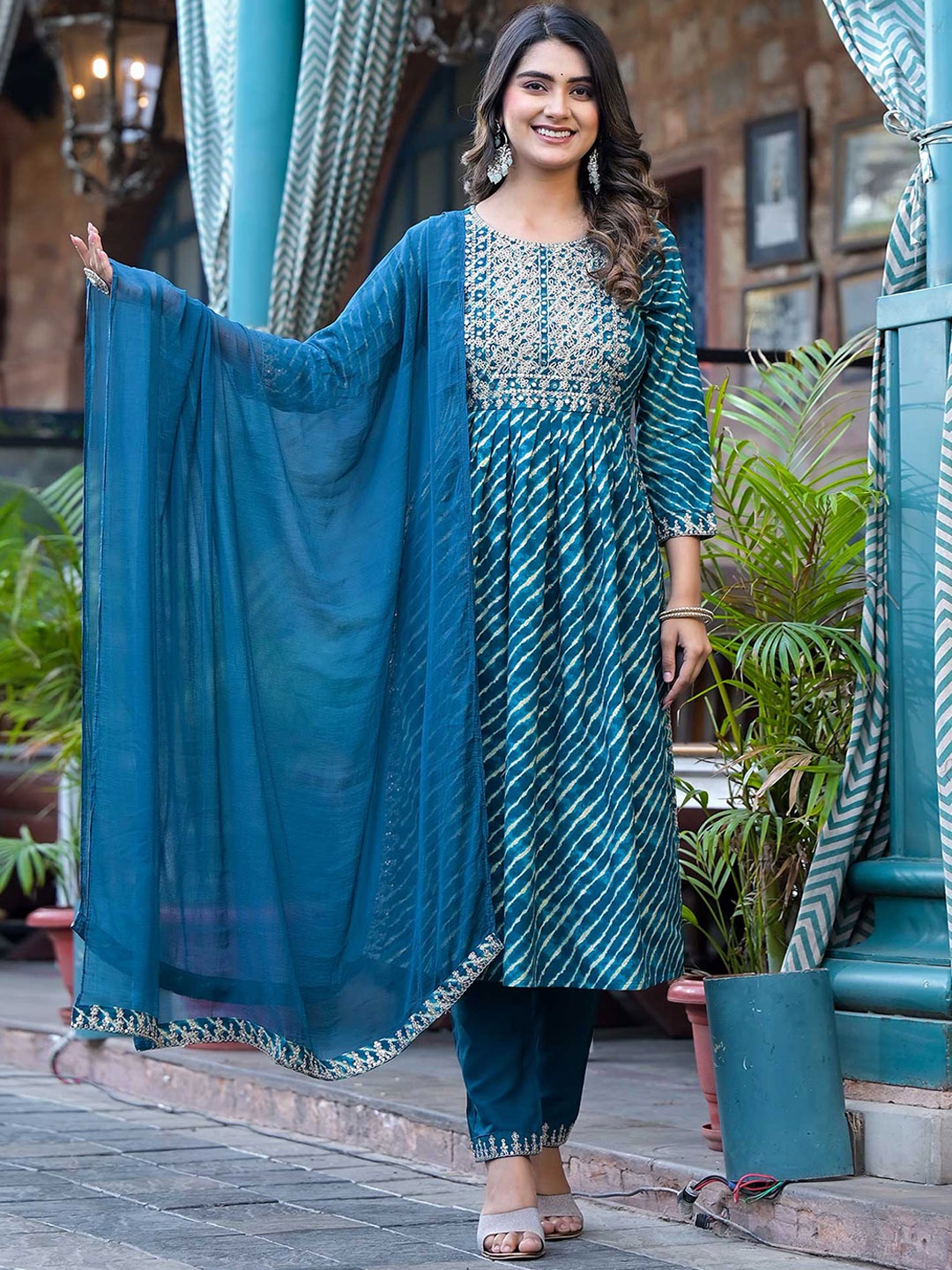 

Peachmode Ethnic Motifs Printed Empire Mirror Work Kurta with Trousers & With Dupatta, Blue