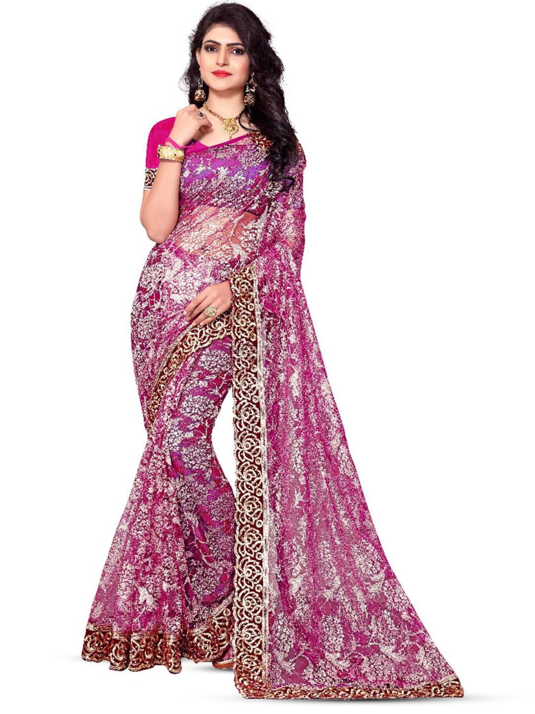 

Aruna Sarees Embellished Embroidered Net Saree, Pink