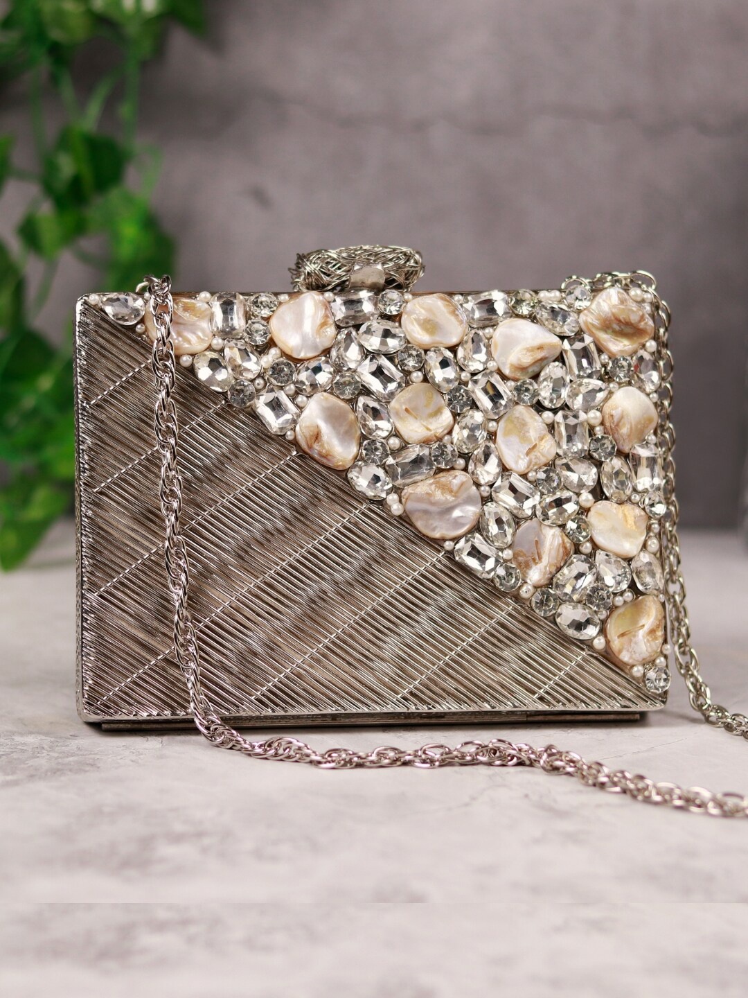 

THE TAN CLAN Embellished Box Clutch, Silver