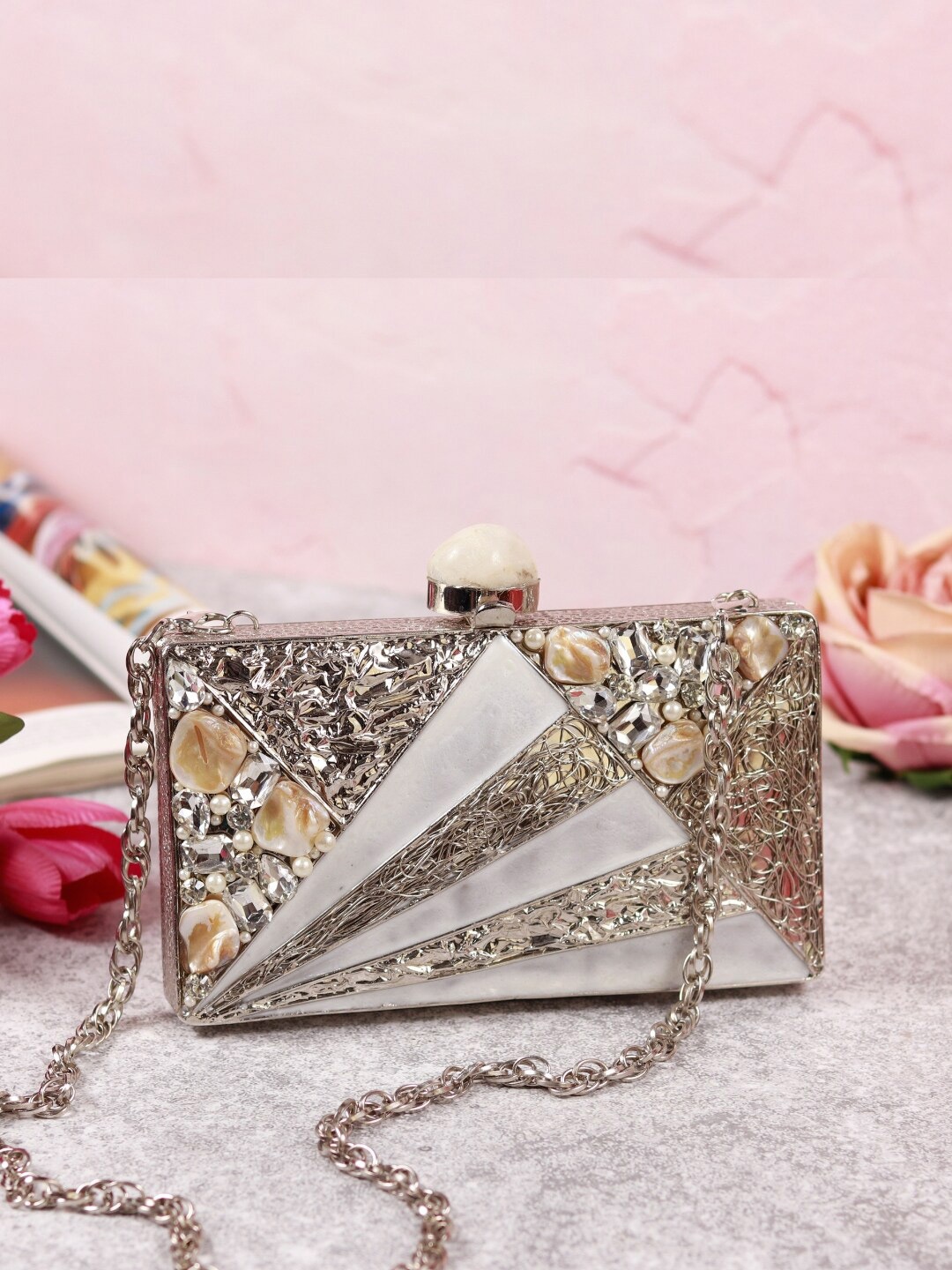 

THE TAN CLAN Embellished Box Clutch, Silver