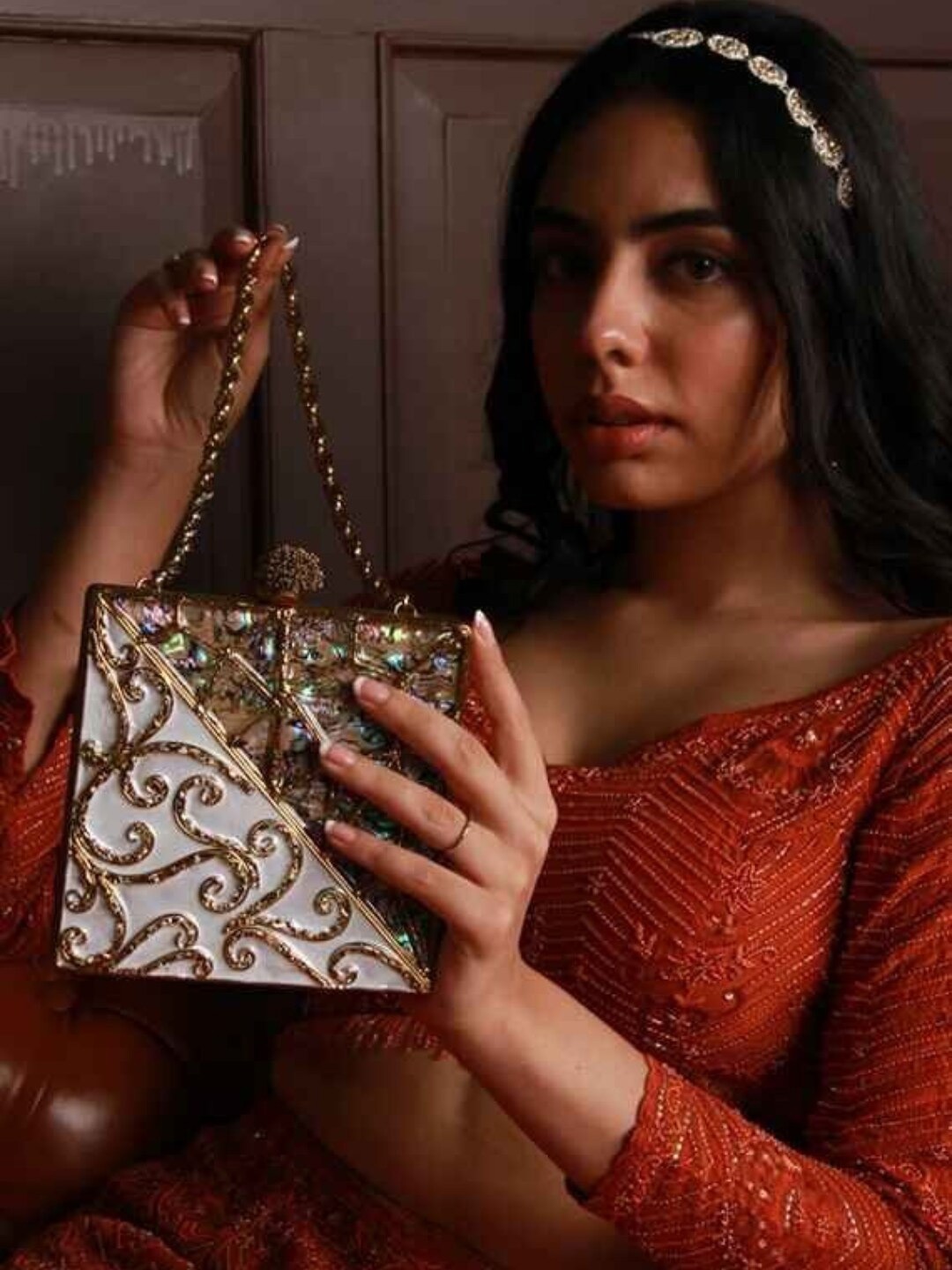 

THE TAN CLAN Embellished Box Clutch, Gold