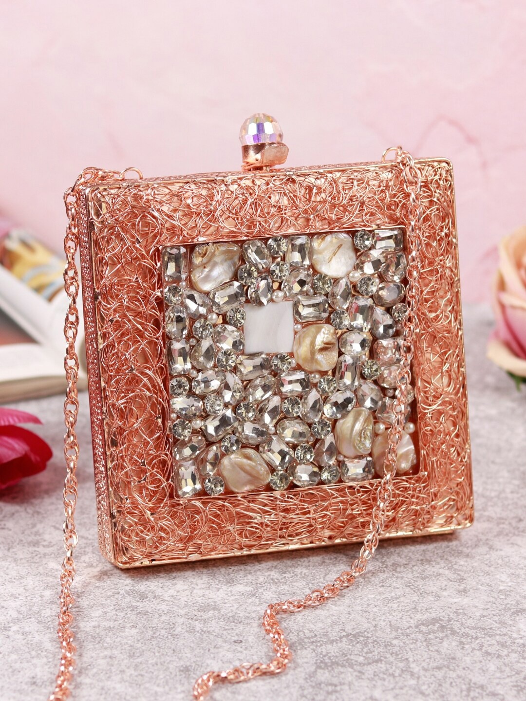 

THE TAN CLAN Embellished Box Clutch, Rose gold