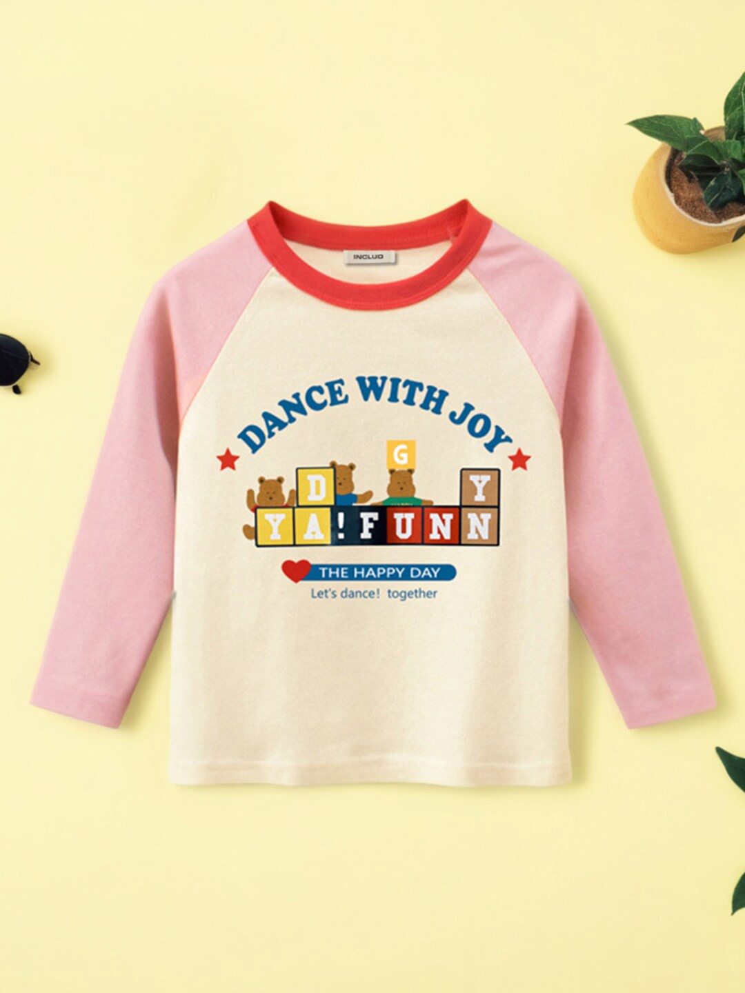 

INCLUD Girls Typography Printed Round Neck Raglan Sleeve T-shirt, Pink