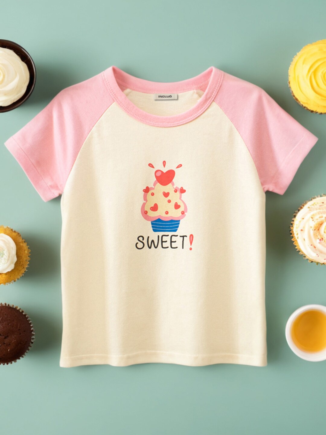 INCLUD Girls Graphic Printed Round Neck Raglan Sleeves T-shirt, Pink