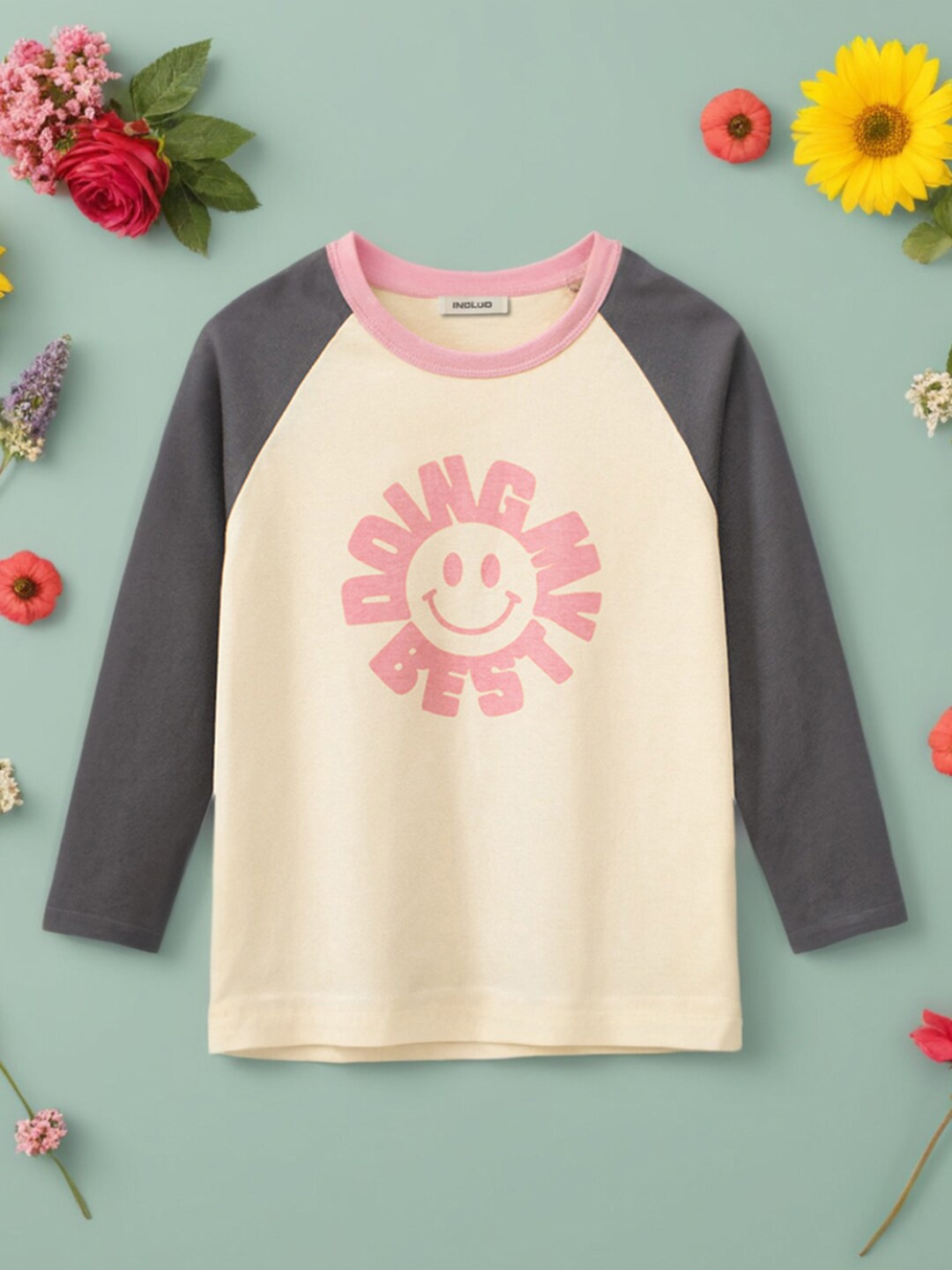 

INCLUD Girls Round Neck Typography Printed Cotton T-shirt, Grey