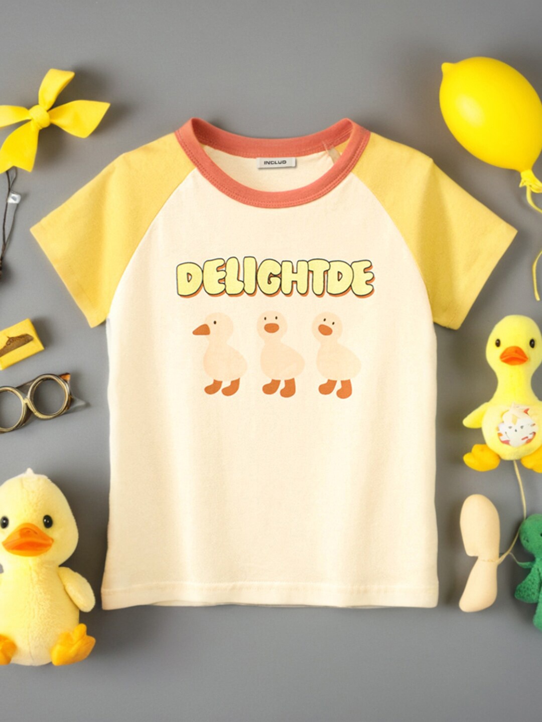 

INCLUD Girls Graphic Printed Round Neck Raglan Sleeves T-shirt, Yellow