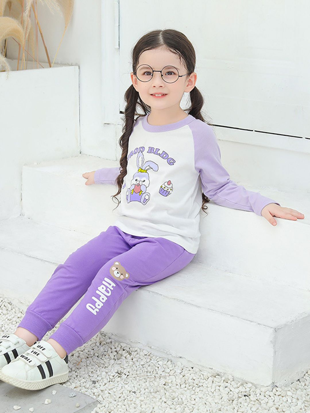 INCLUD Girls Typography Printed Round Neck T-shirt, Purple