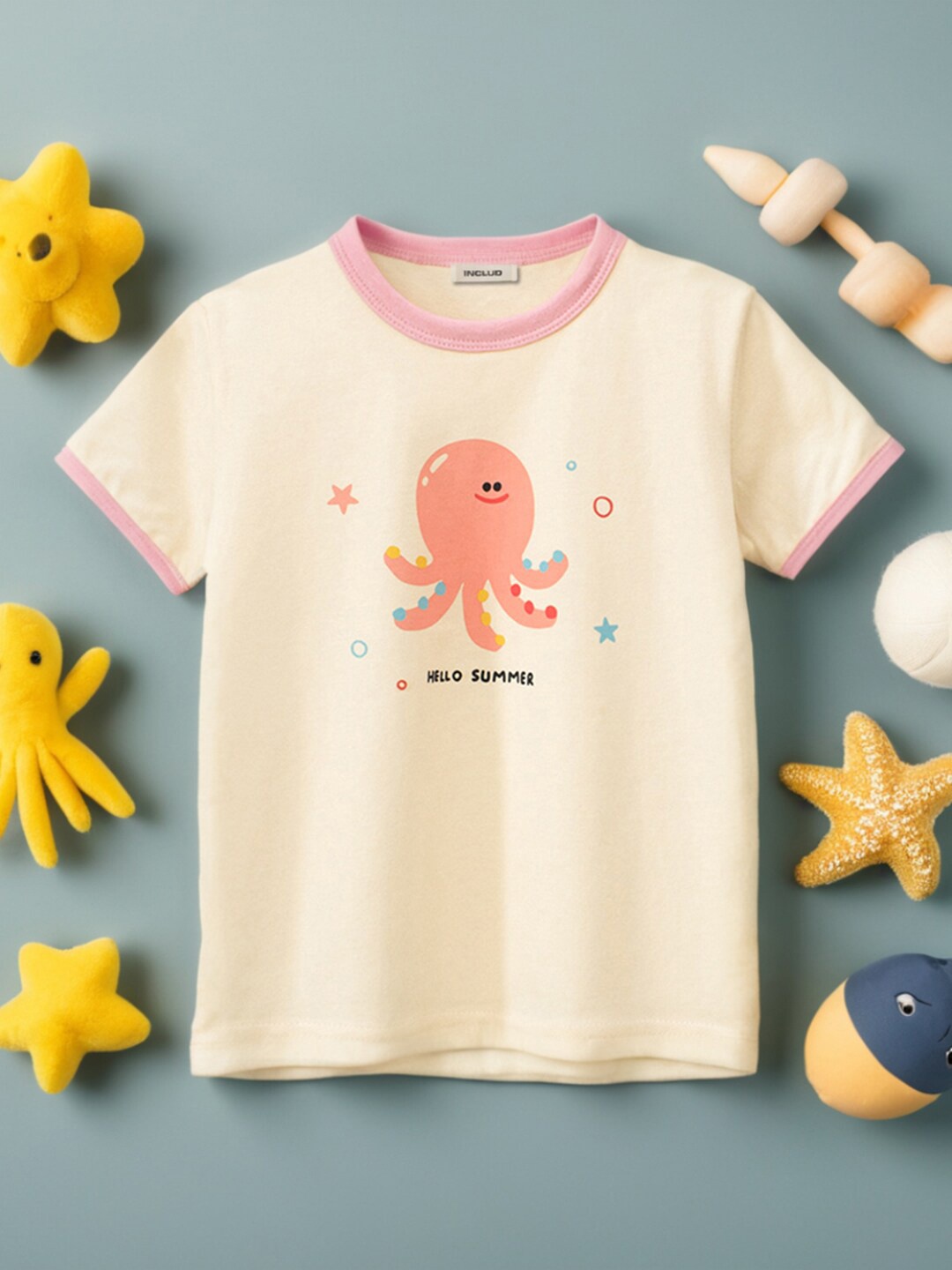 

INCLUD Girls Graphic Printed Round Neck Short Sleeves T-shirt, Off white
