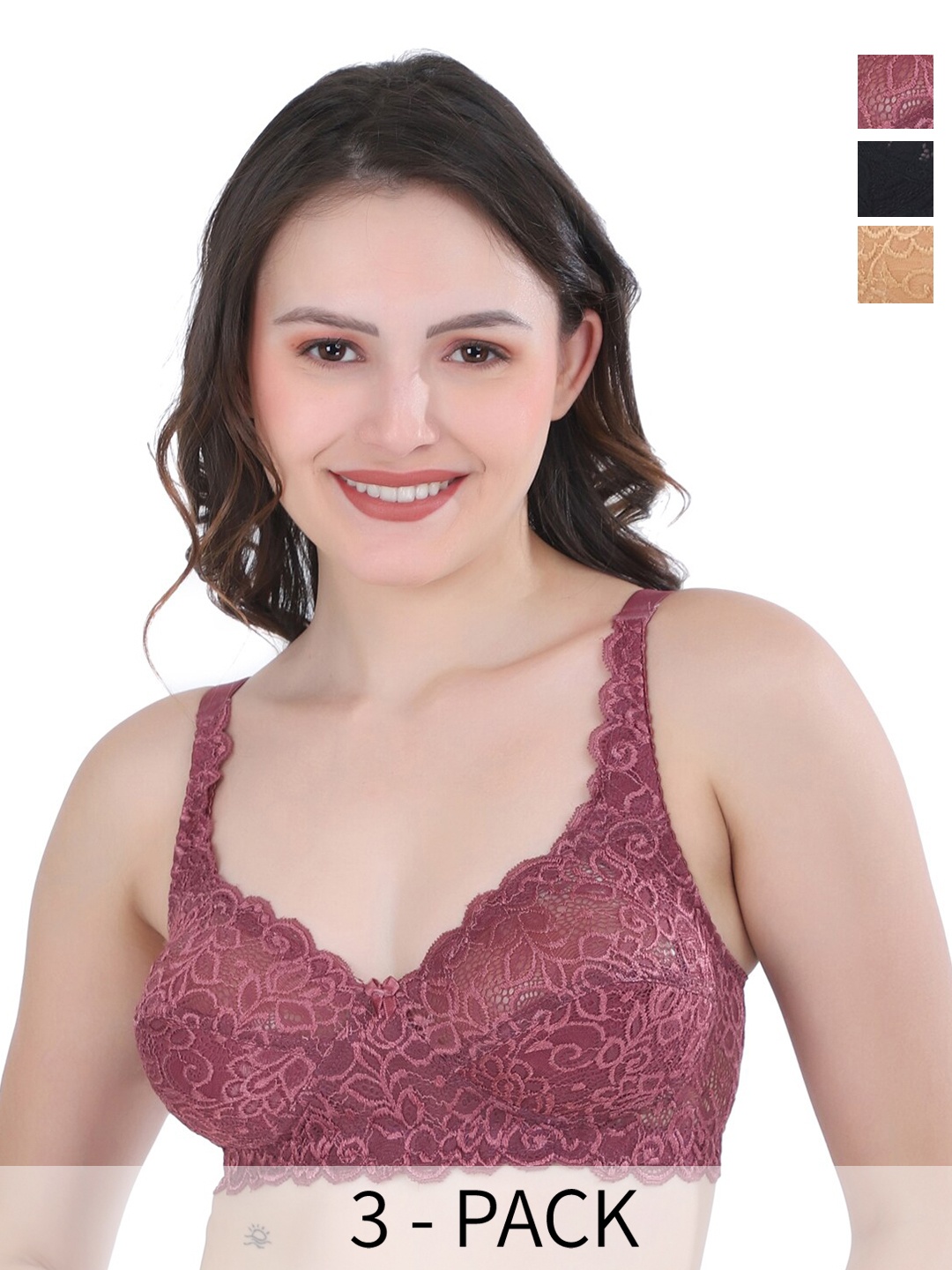 

College Girl Pack Of 3 Self Design Full Coverage All Day Comfort Cotton Bralette Bras, Black