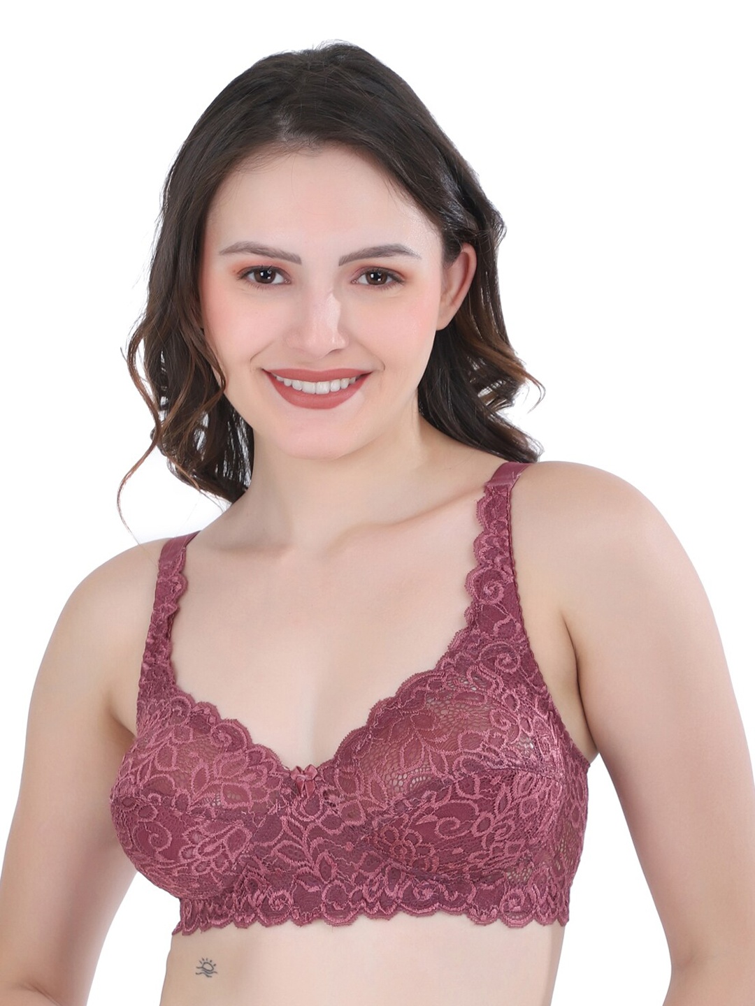 

College Girl Floral Self Design Full Coverage All Day Comfort Cotton Bralette Bras, Maroon