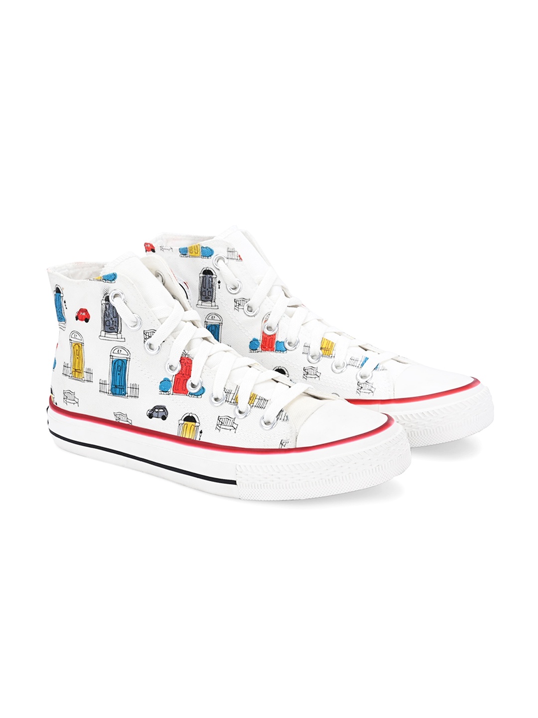 

CROWCIA LONDON Men Printed Round Toe Lightweight Canvas Sneakers, White