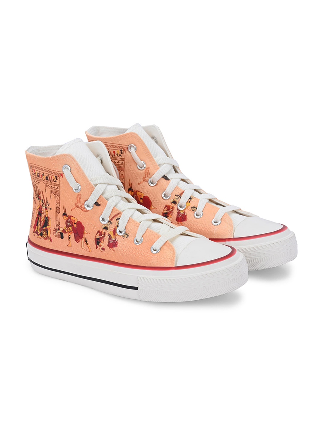 

CROWCIA LONDON Men Printed Lightweight High-Top Canvas Sneakers, Orange