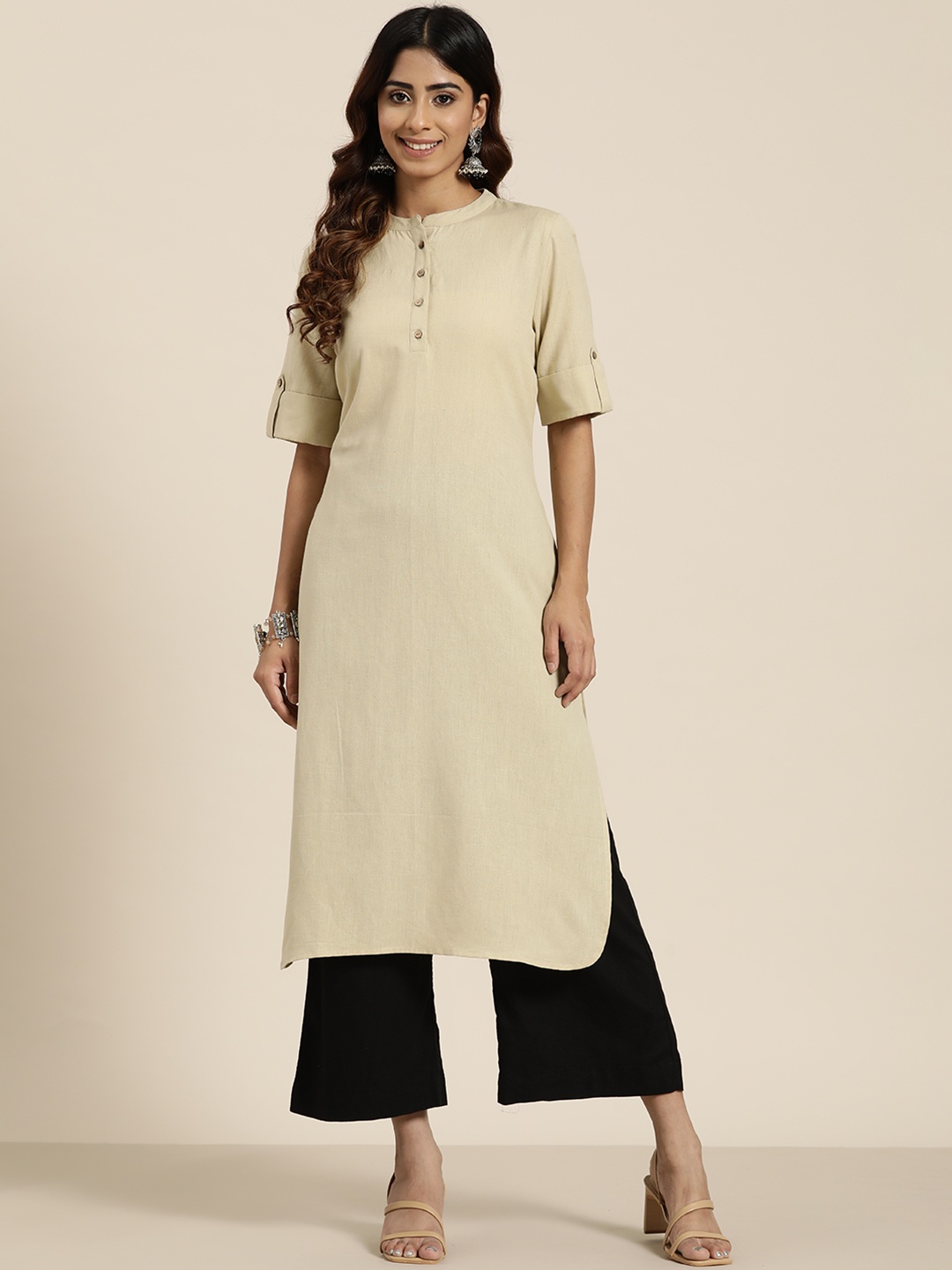 

HERE&NOW Women Solid Straight Kurta, Khaki