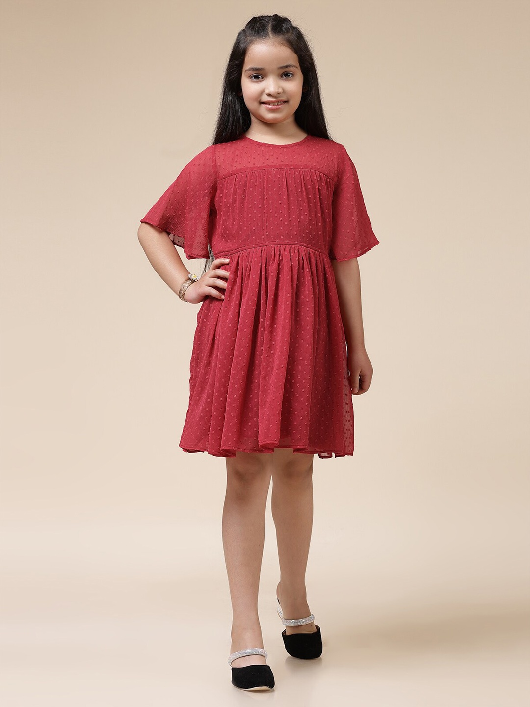 

BAESD Girls Self Design Flared Sleeve Fit & Flare Dress, Red