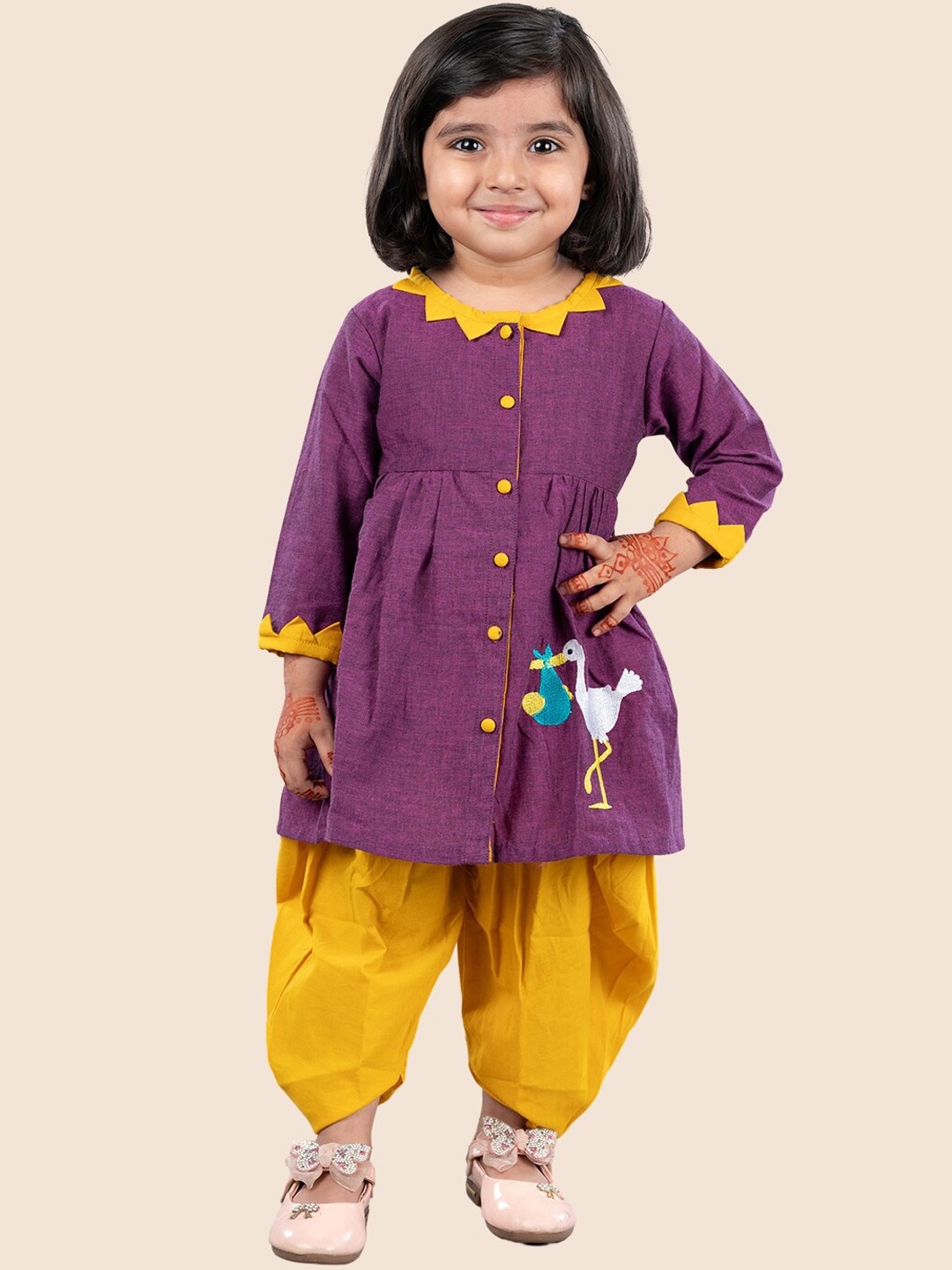 

JUNITOS Girls Embroidered Regular Pure Cotton Kurti with Dhoti, Purple