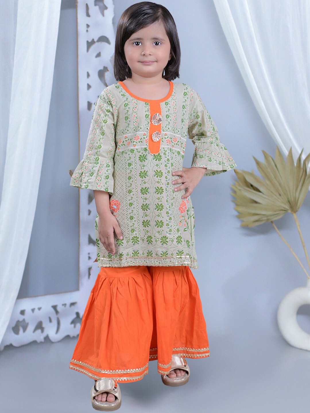 

JUNITOS Girls Floral Printed Round Neck Bell Sleeves Pure Cotton Kurti with Sharara, Beige