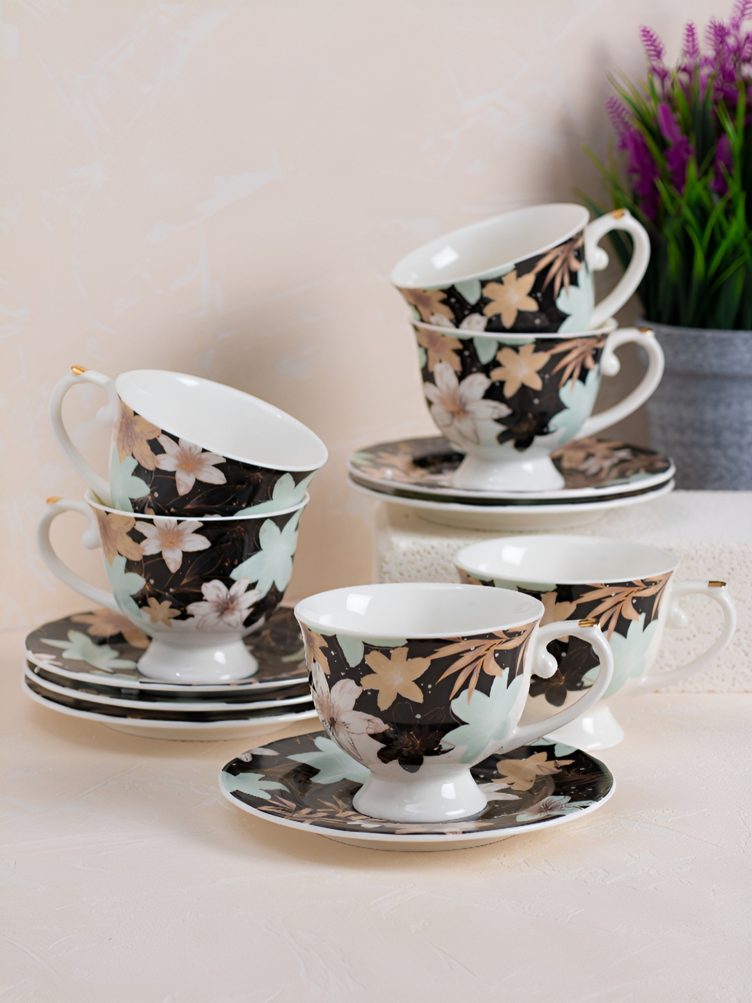 

JCPL Blue & Black 12 Pieces Printed Ceramic Glossy Cups & Saucers 180 ml Each