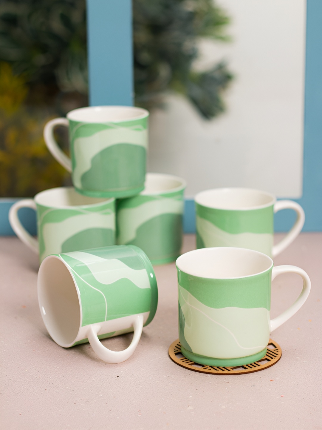 

JCPL Green & White 6 Pieces Printed Ceramic Glossy Cups 200 ml Each