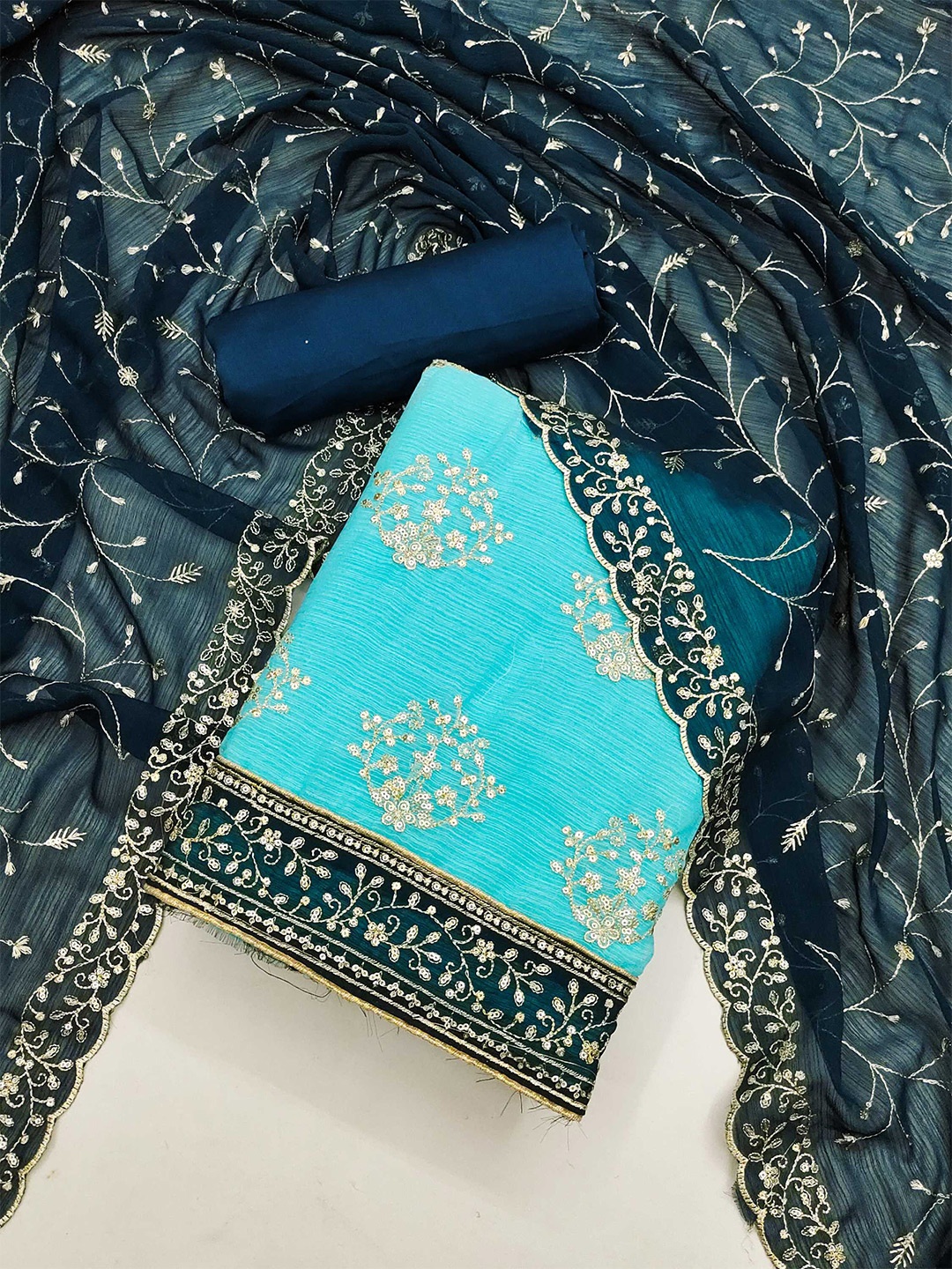 

KALINI Embroidered Unstitched Dress Material, Blue