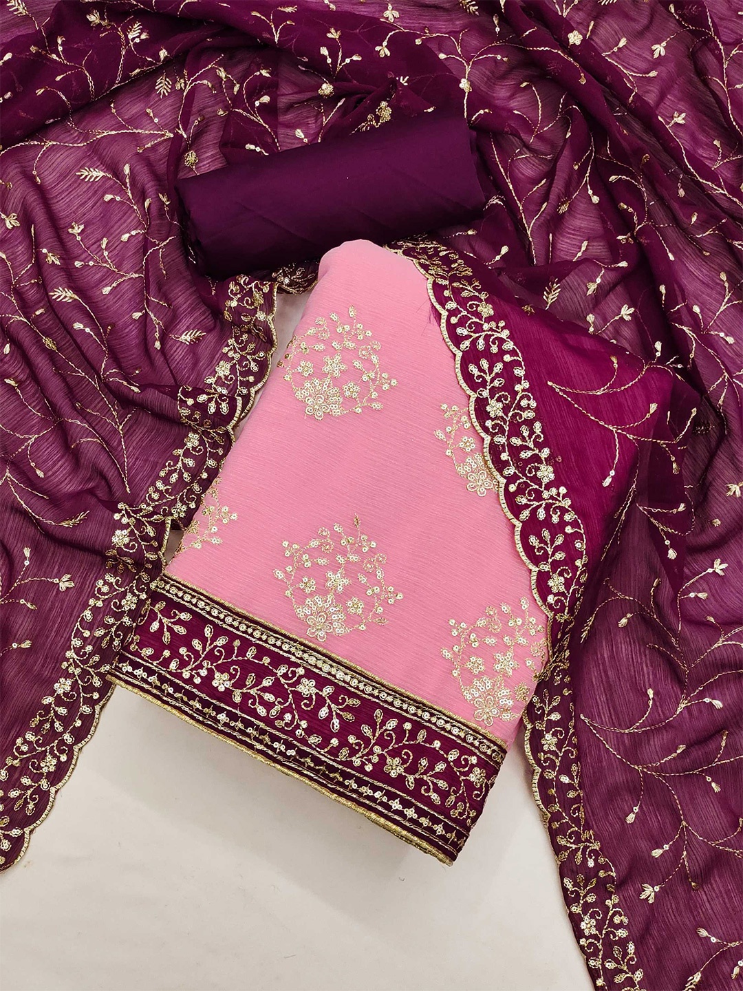 

KALINI Ethnic Motifs Embroidered Unstitched Dress Material, Pink